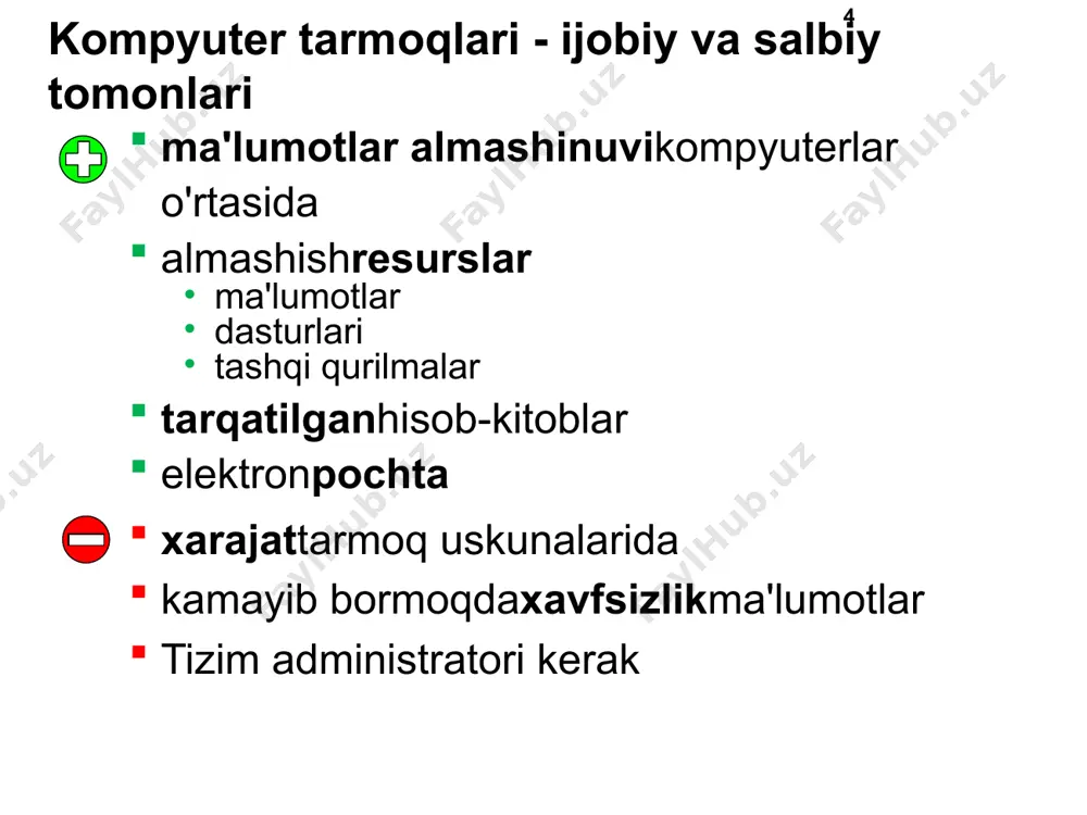 yoki bir nechta qo'shni binolardagi kompyuterlarni birlashtiradi. tarmoq os qo'llab-quvvatlaydi: tarmoq uskunalari tarmoq protokollari masofaviy manbalarga kirish windows, linux, mac os mahalliy tarmoqlarning turlari: piring tarmog'i ajratilgan server bilan компьютерные сети, 9 класс  к.ю. поляков, е.а. ерёмин, 2018 http://kpolyakov.spb.ru для добавления примечания щёлкните мышью peer-to-peer tarmoqlari barcha kompyuterlar teng, ularning har biri mijoz yoki server vazifasini bajarishi mumkin. arzonligi sozlash va saqlash oson kompyuterlarning bir-biridan mustaqilligi murakkab dasturiy ta'minotga ehtiyoj yo'q odatda 10-15 tagacha kompyuter kirish huquqlarini boshqarish va sozlashning murakkabligi past ma'lumotlar xavfsizligi har bir kompyuterda zaxira umumiy resurslar: kirish huquqlarini sozlash! ! компьютерные сети, 9 класс  к.ю. поляков, е.а. ерёмин, 2018 http://kpolyakov.spb.ru для добавления примечания щёлкните мышью maxsus server tarmoqlari server rollari: serverlarda ma'lumotlarni qayta ishlash tarmoq orqali faqat kerakli ma'lumotlar uzatiladi tizimni yangilash soddalashtirilgan serverdagi ma'lumotlarga kirish huquqi mijozlarga turli xil uskunalar va os faqat serverlarda ma'lumotlarni zaxiralash server uskunasining yuqori narxi serverni sozlash va …