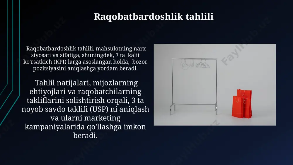h orqali diversifikatsiyani o'z ichiga olishi mumkin, bu esa daromad o'sishini ta'minlaydi va xavflarni kamaytiradi. muvaffaqiyatli brend strategiyasi mijozlarning 70% dan ortig'ini qamrab olish uchun turli xil marketing kanallarini, shu jumladan raqamli va an'anaviy platformalarni birlashtiradi. eski brendlarni yangilash eski brendlarni yangilashda, 30% gacha bo'lgan mijozlarning yangi brendga o'tish ehtimoli mavjud, shuning uchun yangilanish strategiyasi aniq va jozibador bo'lishi kerak. brendning asl qiymat taklifini saqlab qolgan holda, zamonaviy dizayn va marketing texnologiyalarini qo'llash orqali 15% gacha sotuvlarni oshirish mumkin. brendlarni baholash mezonlari brendning kelajakdagi rivojlanish potentsialini baholashda yangi bozor segmentlariga kirish strategiyasi va innovatsion mahsulotlarning mavjudligi 10 balldan ortiq ball bilan baholanadi. brendning obro'si va imidjini aniqlash uchun ijtimoiy tarmoqlardagi muhokamalar va onlayn reytinglarni o'rganish, 3ta asosiy mezon bo'yicha ball qo'yish orqali amalga oshiriladi. brend portfelining maqsadi brend portfeli, 5-10 ta kuchli brendlarni birlashtirib, sinergiya effekti orqali marketing xarajatlarini 15% ga kamaytirish va savdo hajmini 25% ga oshirish imkoniyatini beradi. …