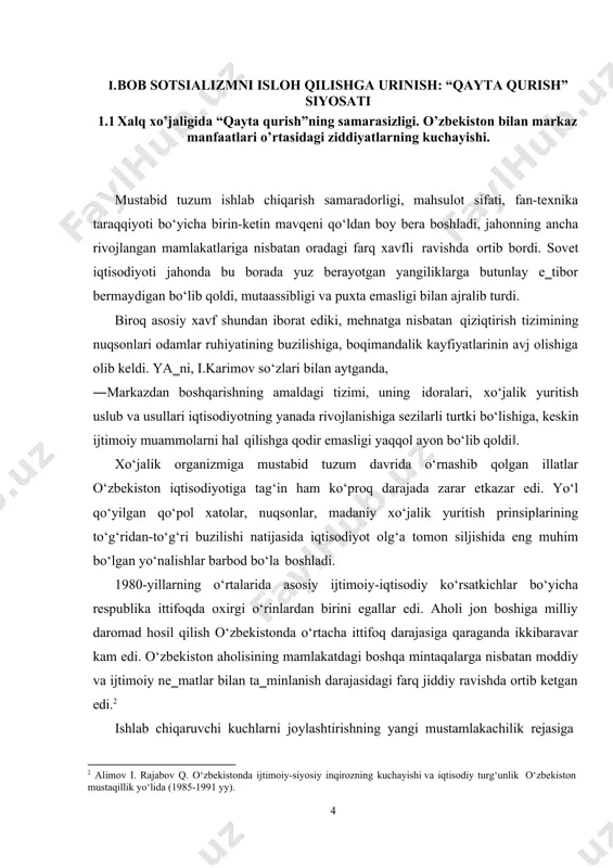 ida asosiy ijtimoiy-iqtisodiy ko‘rsatkichlar bo‘yicha respublika ittifoqda oxirgi o‘rinlardan birini egallar edi. aholi jon boshiga milliy daromad hosil qilish o‘zbekistonda o‘rtacha ittifoq darajasiga qaraganda ikkibaravar kam edi. o‘zbekiston aholisining mamlakatdagi boshqa mintaqalarga nisbatan moddiy va ijtimoiy ne‗matlar bilan ta‗minlanish darajasidagi farq jiddiy ravishda ortib ketgan edi.2 ishlab chiqaruvchi kuchlarni joylashtirishning yangi mustamlakachilik rejasiga 2 alimov i. rajabov q. o‘zbekistonda ijtimoiy-siyosiy inqirozning kuchayishi va iqtisodiy turg‘unlik o‘zbekiston mustaqillik yo‘lida (1985-1991 yy). ko‘ra respublika iqtisodiyoti uchun bir tomonlama, faqat ―xom ashyo‖ yo‘nalishida bo‘lish oldindan belgilab qo‘yilgan edi. natijada, respublikada sanoatning xom ashyoga birlamchi ishlov berish bilan bog‘liq tarmoqlari ko‘proq rivoj topdi. sanoatdagi tayyor mahsulotning salmog‘i umumiy mahsulotlarning fakat25%ni, xalq iste‗mol mollarini ishlab chiqarish esa o‘rtacha ittifoq darajasiningfaqat 40%ini tashkil qilar edi. iqtisodiyot tizimidagi va ishlab chiqarishning ixtisoslashuvidagi xatoliklar o‘zbekiston resurs imkoniyatlari va ekologik illatlarining ortishiga, moddiy va moliyaviy ahvolning yomonlashuviga olib keldi. o‘zbekiston sanoat ishlab chiqarishining ko‘payishi, asosan paxta tozalash, yoqilg‘i sanoati …