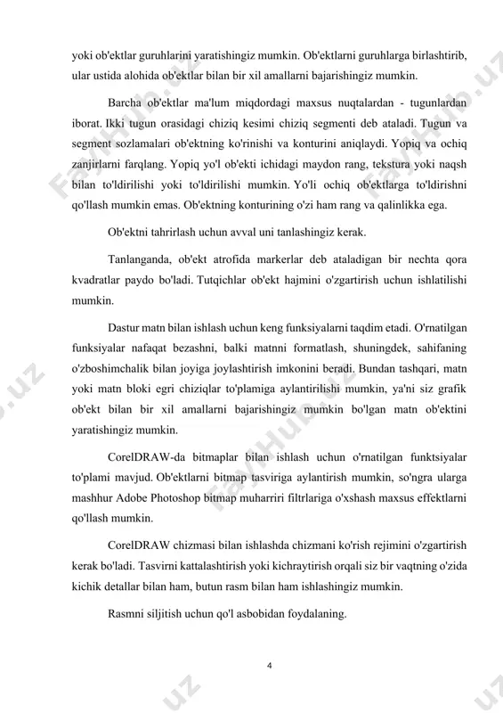 rning yangi xususiyatlari grafik muharrirning yangi versiyasida kichik kosmetik interfeys yangilanishlariga qo'shimcha ravishda quyidagi qo'shimcha funktsiyalar va vositalar amalga oshirildi: mualliflik. asbob mustaqil ravishda "ko'z bilan" chizilgan geometrik shakllarni (doiralar, uchburchaklar va boshqalar) tan oladi va ularga yanada muntazam shakl beradi. rang berish cho'tkasi. eski skanerlangan fotosuratlarda, masalan, chizish va chang kabi nuqsonlarni olib tashlash uchun vosita; endi kesishuvchi egri chiziqlar orasida joylashgan ob'ekt egri chizig'ining bir qismini o'chirish mumkin.buning uchun shakl asbobining ochiladigan menyusida joylashgan virtual segmentni o'chirish yangi funksiyasidan foydalaning; matn bilan ishlash yaxshilandi: dastur endi unicode-ni to'liq qo'llab-quvvatlaydi va shrift har doim barcha dizayn xususiyatlari bilan ekranda ko'rsatiladi. bundan tashqari, turli tillardagi matnlar paketning lokalizatsiyasidan qat'i nazar, corel hujjatlariga joylashtirilishi mumkin; belgilar bilan ishlash ancha osonlashdi. maxsus symbol manager yordamida tashqi kutubxonalar va individual belgilar bilan ishlash belgilarga aniq farqlar berish uchun soddalashtirildi, ramz atrofidagi tanlov endi ko'k rangga aylandi; ob'ektni bir-biriga nisbatan aniqroq joylashtirish uchun ob'ektga …