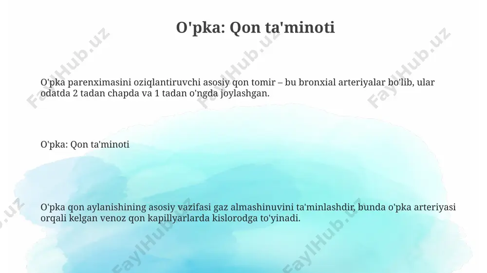 , namlanadi va kuniga taxminan 500-600 ml shilliq ishlab chiqariladi. traxeya: qon ta'minoti va innervatsiya traxeya nervlari vagus nervining (n. vagus) qaytaruvchi laringeal shoxlaridan (rami laryngei recurrentes) va simpatik poyadan (truncus sympathicus) keladigan 10-12 nerv tolalari orqali innervatsiya qilinadi. traxeyaga qon yetkazib berishda bronxial arteriyalar (aa. bronchiales) ham ishtirok etadi, ayniqsa traxeyaning pastki 6-7 tog'aylari mintaqasida, shuningdek, qizilo'ngach shoxlari (rami esophageales). traxeyaning yuqori qismi pastki qalqonsimon arteriya (a. thyroidea inferior) orqali qon bilan ta'minlanadi, u tomog'ning 2-4 traxeya tog'aylarida tarmoqlanadi va oziqlantiradi. xiqildoq: joylashuvi va tuzilishi xiqildoqning shakli bargga o'xshaydi, uzunligi taxminan 3-5 sm. u elastik tog'aydan tashkil topgan bo'lib, shilliq qavat bilan qoplangan. xiqildoqning erkin yuqori qismi til osti suyagiga bog'langan. xiqildoq (epiglottis) joylashuvi va tuzilishi xiqildoq ikkita yuzaga ega: oldingi (tilga qaragan) va orqa (hiqildoqqa qaragan). uning asosida joylashgan "hiqildoq usti pedunkulasi" uning hiqildoq tog'ayiga biriktirilishini ta'minlaydi, bu muhim anatomik tuzilma hisoblanadi. nafas olish organlarining klinik ahamiyati nafas …