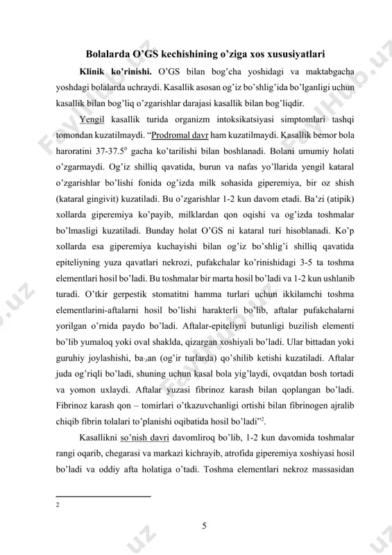 di. fibrinoz karash qon – tomirlari o’tkazuvchanligi ortishi bilan fibrinogen ajralib chiqib fibrin tolalari to’planishi oqibatida hosil bo’ladi”[footnoteref:2]. [2: ] kasallikni so’nish davri davomliroq bo’lib, 1-2 kun davomida toshmalar rangi oqarib, chegarasi va markazi kichrayib, atrofida giperemiya xoshiyasi hosil bo’ladi va oddiy afta holatiga o’tadi. toshma elementlari nekroz massasidan tozalangandan so’ng aktiv epitelizatsiya jarayoni boshlanadi. bu vaqtda bola harorati meʼyoriga kelib, toshmalardagi og’riq yo’qoladi. epitelizatsiya jarayonidan so’ng 2-3 kun davomida kataral gingivit saqlanib turadi (ayniqsa pastki va yuqori frontal tishlar sohasida). limfadenit ham 7-10 kun mobaynida ushlanib turadi. kasallikning yengil turida bolalar qonida o’zgarishlar bo’lmaydi. baʼzan kasallik so’nggida limfotsitoz kuzatilishi mumkin (1-3 yoshli bolalarda normada limfotsitlar 50 % ni tashkil etishini hisobga olish kerak). yengil o’gs turi bilan og’rigan bolalarda so’lakning himoya mexanizmlari yaxshi rivojlangan bo’ladi. klinik sog’ayish davrida gumoral immuntitet faktorlari ko’rsatkichlari meʼyoridan oshadi. stomatitning yengil turida, ayniqsa kasallik boshida so’lakdagi iga va igc fraksiyalari ortishi kuzatiladi. shunday qilib, …