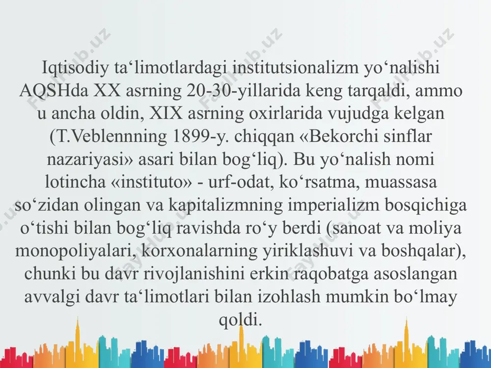 an g‘oyalari amalda 1929-1933-yy.dagi iqtisodiy inqiroz davrida aqsh prezidentining «yangi kurs» siyosatida amaliy tasdig‘ini topdi. uesli kler mitchell g‘oyalari u.k.mitshell u.veblenning shogirdi bo‘lib, iqtisodiyotda siklik hodisalarning tadqiqotchisi sifatida mashhur (bu iqtisodiyotda konyunktur-statistik institutsionalizm oqimi hisoblanadi). mitchell ustozi veblendan tadqiqotning genetik uslubini meros qilib oldi, uningcha iqtisodiy hodisalarni belgilovchi omillar bu ijtimoiy psixologiya, an‘ana va urf-odatlardir, shu sababli tadqiqot predmeti sifatida odamlarning jamiyatdagi xulqi o‘rganilishi kerak. shuningdek, ustozning ishlab chiqarish va biznes o‘rtasidagi qarama-qarshilik to‘g‘risidagi fikri ham qabul qilingan, bu ishlab chiqarish va narxlar faoliyati harakatidagi farqlarning sababini ko‘rsatadi. uesli kler mitchell g‘oyalari siklik (davriy) o‘zgarishlar nazariyasiga rus olimi n.d.kondratev (1892-1938) katta hissa qo‘shdi. u jahondagi yetakchi kapitalistik, deb nomlangan mamlakatlar iqtisodiyotining ko‘p yillik (100-150 yil) rivojlanishini tahlil etib, bu o‗zgarishlarning bir yildan kam (fasliy), 3,5 yillik, 7-11 yillik savdo-sanoat va 50-60 yillik katta sikllarini ajratib berdi. u 1929-yildagi «buyuk depressiyani» oldindan (prognoz) aytib bergan, ammo sovet davrida «kapitalizm qachon o‘ladi» …