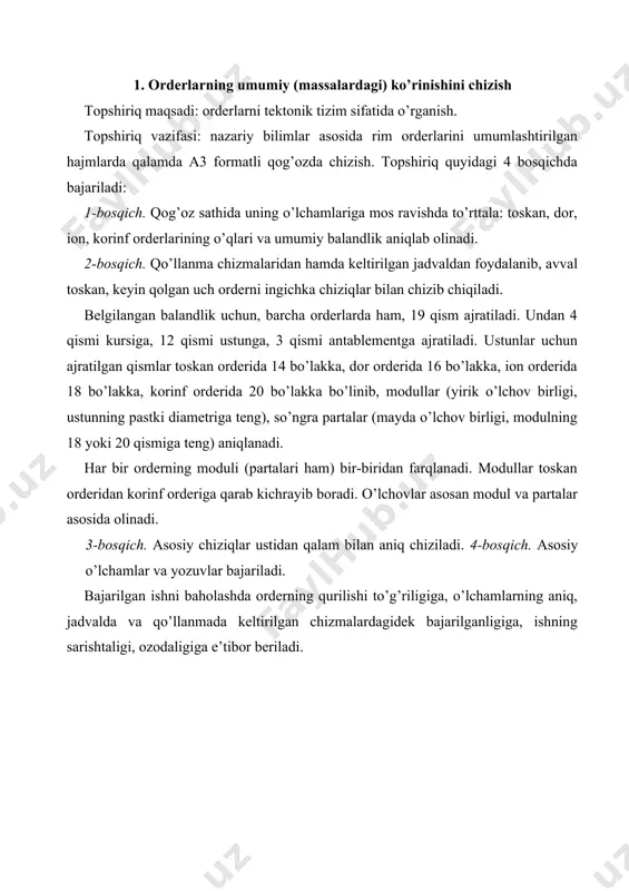 toskan orderi ion va dor orderlari korinf orderi kapitellarning (kallaklarning) umumlashtirilgan tasvirlari toskan va dor orderlari korinf orderi ion kapitelining umumlashgan tasviri 45 ° 1 m 1 / 13 / 13 / 3 2 m 45 ° 45 ° 3 p 1 m=18p 4 p 5 p 3 p 5 /6m 5 /6m 7 p 9 p 9 p 5 p 8 p 1 m 1 1 / 2 m 1/3 m 53-rasm. order qismlarining umumlashgan tasvirlari. 2 2 a b d e 54-rasm. rim orderlarining modullardagi o’lchamlari: a) toskan orderi; b) dor orderi; d) ion orderi; e) korinf orderi. rim orderlarining modullardagi o’lchamlari jadvali t/r order qismlari toskan dor ion korinf orderi orderi orderi orderi 1 karniz balandligi 1.1/3 1.1/2 1.3/4 2 2 friz balandligi 1.1/6 1.1/2 1.1/2 1.1/2 3 arxitrav balandligi 1 1 1.1/4 1.1/2 4 antablement balandligi 3.1/2 4 4.1/2 5 5 kapitel balandligi 1 1 2/3 …