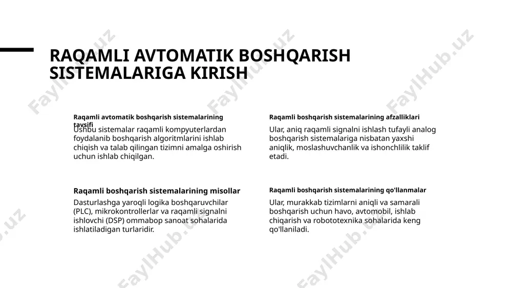 ilish mumkin. 3 tizimning isloxotini oshirish boshqarish tizimi davrini tekshirish, potentsial muvaffaqiyatsizlik nuqtalarini aniqlashga imkon beradi, proaktiv ta'minotni amalga oshirish va umumiy tizimning isloxotini oshirishga yordam beradi. raqamli avtomatik boshqarish turlari on-off boshqarish tizimlari on-off boshqarish tizimlari, belgilangan nuqta asosida boshqarish elementini butunlay yoq yoki o'chiradi uchun ikkilik chiqishdan foydalanadi. proporsional boshqarish tizimlari proporsional boshqarish tizimlari xato signaliga nisbatan boshqarish elementini nisbatan o'zgartiradi va dastlabki va aniq boshqarishni ta'minlaydi. integral boshqarish tizimlari integral boshqarish tizimlari vaqtni o'tkazgan xatolik asosida boshqarish elementini doimiy ravishda o'zgartiradi va dastlabki xatoliklarni olib tashlaydi. boshqarish tizimlarining asosiy qismlarini tushunish 1 2 3 sensorlar va aktuatorlar boshqaruvchi qaytish mexanizmi sensorlar muhitdagi o'zgarishlarni aniqlaydi, belgilarni boshqaruvchiga yuboradi, aktuatorlar esa boshqaruvchi buyrug'iga amal qiladi. boshqaruvchi sensorlardan kelingan kiritish belgilarni ishlaydi, kerakli harakatni aniqlaydi va tizimning barqarorligini ta'minlash uchun aktuatorlarga buyruqlarni yuboradi. qaytish silsilalari doimiy ravishda tizimning ishlashini monitoring qiladi, amaliy chiqishni istalgan qiymatlar bilan solishtiradi va optimal ishlashni …