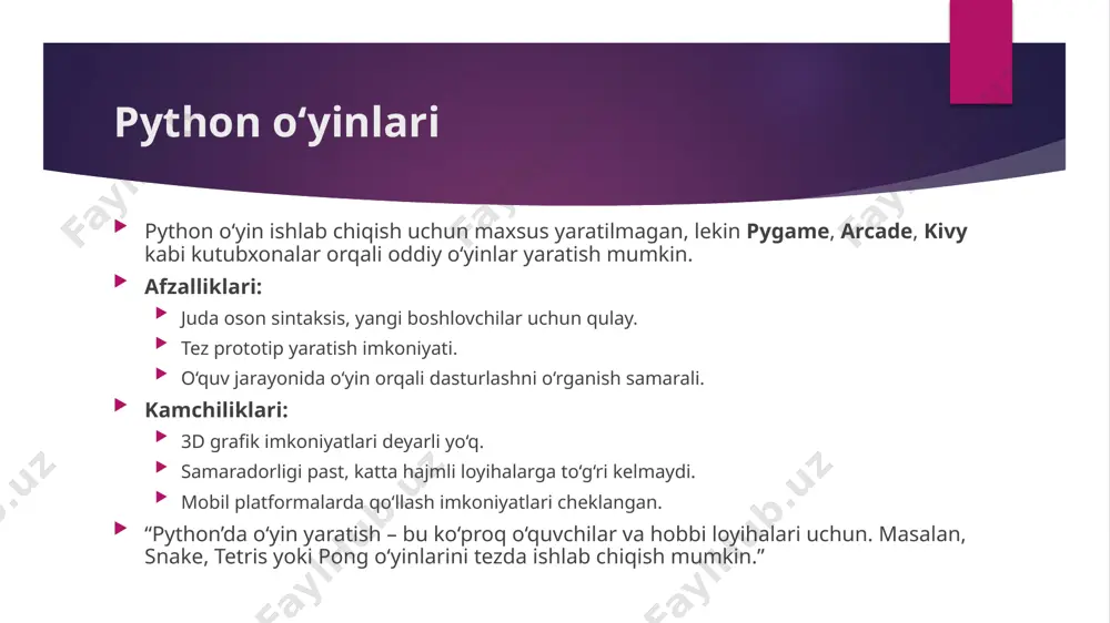 dga bog‘liq: boshlovchi va ta’lim → python. professional va bozor o‘yinlari → unity. shior: “python bilan boshlang, unity bilan davom eting!” 🎮 “xulosa qilib aytadigan bo‘lsak, python o‘yin ishlab chiqishni boshlash uchun juda yaxshi, lekin agar siz katta orzular qilsangiz va professional bo‘lishni istasangiz, unity eng to‘g‘ri tanlov bo‘ladi.” image1.jpeg image2.png image3.jpeg image4.jpeg image5.jpeg image6.jpeg image7.png image8.png /docprops/thumbnail.jpeg