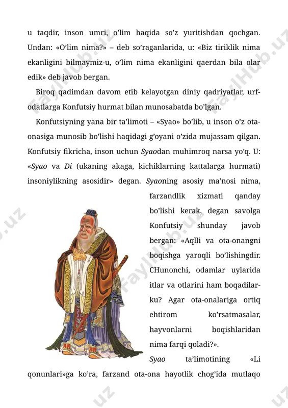 lari, aravasi va boshqa narsalari keltirib qo’yildi. vaqt o’tishi bilan faylasufning obro’si oshib, ta’limoti keng tarqalgani sari ushbu ibodatxona ham ziyoratgohga aylanib bordi. tsuyfu yaqinida konfutsiy shogirdlari va izdoshlari makon tutgan kattagina qishloq barpo bo’ldi. lu podshohligi hukmdorining o’zi tsuyfuga kelib konfutsiy ibodatxonasida uning xotirasiga qurbonlik qildi. ibodatxonaning ahamiyati oshgan sayin yer mulklari bilan boyidi. bu joy oddiy mahalliy ibodatxona shaklidan xan sulolasi davriga kelib butun mamlakat miqyosidagi muqaddas ziyoratgohga aylandi. mil. av. 195 yilda birinchi xan podshohi lyu ban shaxsan o’zi konfutsiy ibodatxonasida unga atab «tay-lyao» (xitoyda eng oliy qurbonlik – qo’y, xo’kiz va cho’chqa) uchlik qurbonligi keltiradi. mana shu asrdan boshlab konfutsiy nomi xitoyda ilohiylashtirildi va unga atab muntazam qoidalar asosida qurbonliklar qilinadigan bo’ldi. xan sulolasi davrida konfutsiyga knyazlik unvoni berildi. x – xiii asrlarga kelib, sun sulolasi davrida unga imperatorlik unvoni, otasiga esa knyazlik unvoni berildi. keyinroq yuan va min sulolalari (xiii – xiv asrlar) davrida unga …