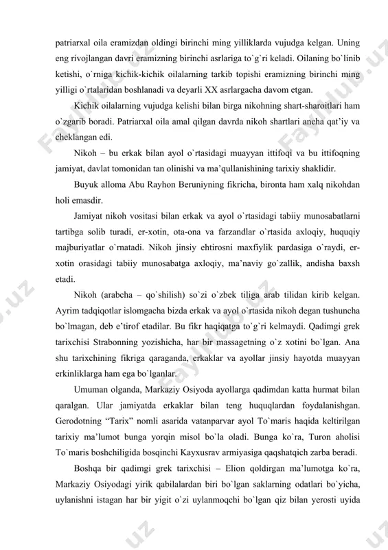 tirilgan tarixiy ma’lumot bunga yorqin misol bo`la oladi. bunga ko`ra, turon aholisi to`maris boshchiligida bosqinchi kayxusrav armiyasiga qaqshatqich zarba beradi. boshqa bir qadimgi grek tarixchisi – elion qoldirgan ma’lumotga ko`ra, markaziy osiyodagi yirik qabilalardan biri bo`lgan saklarning odatlari bo`yicha, uylanishni istagan har bir yigit o`zi uylanmoqchi bo`lgan qiz bilan yerosti uyida kurash tushishi shart bo`lgan. yigit kurashda g`alaba qilgan taqdirdagina uylanish huquqiga ega bo`lgan. aks holda, uning o`zi qizning asiriga aylangan. demak, bu yerda kurash o`ziga xos tarzda nikoh sharti vazifasini bajargan. markaziy osiyo xalqlarining mashhur dostonlari - “o`g`uznoma”, “alpomish” va “manas” larda nikoh bilan bog`liq odatlarda yigitning jismoniy qobiliyatlariga va uni sinab ko`rishga alohida ahamiyat berilgan. yigitning qizga munosib yoki munosib emasligini aniqlash uchun talabgorlarning o`zaro ot poygasi, kamonda nishonni urishi, uzoqqa o`q uzishi, kurash tushishi kabi raqobatchilik shakllaridan ham foydalanilgan. shuningdek, bu tanlov “qiz quvlash”, “tortishmachoq “singari ko`rinishda ham o`z ifodasini topgan, ularning qoldiqlari hozirgacha yetib kelgan. lekin …