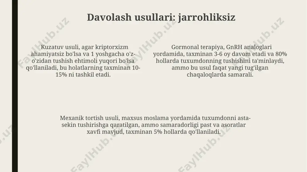 hi mumkin, bu esa kriptoxidizmga olib keladi. genetik omillar, taxminan 15-20% hollarda kriptoxidizmning asosiy sababchisi hisoblanadi va turli xromosomalar anomaliyalari bilan bog'liq bo'lishi mumkin. intrauterin rivojlanish davrida, taxminan 5-7% hollarda, qorin bo'shlig'ida yoki inguinal kanalida mexanik to'siqlarning mavjudligi tuxumning skrotumga tushishiga xalaqit berishi mumkin. tashxis qo'yish usullari gormonlar darajasini tekshirish, masalan, g'ovak gormoni (fsh) va luteinizatsion gormon (lh) darajalarini aniqlash, gipogonadizmning mavjudligini va uning darajasini aniqlashda yordam beradi. jismoniy tekshiruv orqali 1 yoshgacha bo'lgan bolalarda skrotumda moyakning yo'qligi aniqlanadi, va bu holat 90% hollarda bir tomonlama bo'ladi. ultratovush tekshiruvi qorin bo'shlig'ida yoki inguinal kanalida joylashgan kriptoxis moyaklarini aniqlashda yuqori aniqlikka ega bo'lib, uning o'lchamini va tuzilishini baholash imkonini beradi. e'tiboringiz uchun rahmat @taqdimot_robot