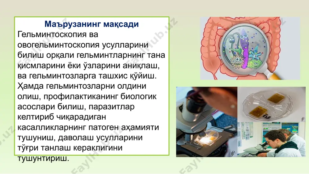 иларини (гелминтлар) ҳаёт циклини барча даврларида, уларга қарши фаол курашни (касаллик қўзғатувчиларини йўқотиш) ўз ичига олган комплекс тадбирларлардир девастация- механик, кимёвий, физик, биологик йўллар билан амалга оширилади девастация - патоген гельминтларни ва юқумли касалликларнинг бошқа патогенларини тубдан йўқ қилишнинг янги принципи. к.и. скрябин девастацияни фарқлайди: 1.тотал девастация 2.парциал девастация инвазив ва юқумли касалликларнинг патогенларини жисмоний йўқ қилиш билан бир вақтда табиатда мавжуд бўлмаган шароитларни яратиш орқали ҳам йўқ қилиш марказий осиёда dracunculus medinensis ва filaridae оиласига мансуб баъзи гелминтозларнинг умумий йўқ қилиниши айрим географик ҳудудларда баъзи инвазив касалликларнинг кескин пасайиши, аммо тўлиқ йўқ қилинмаслиги патогенларни тўлиқ йўқ қилишни ёки уларнинг кескин миқдорий камайишини амалга оширишга имкон беради девастациядан фарқли ўлароқ, профилактика-бу инвазиялар бошланишини олдини олиш, яъни ҳайвонлар ва одамлар ўртасидаги алоқанинг олдини олиш ва уларни юқумли касалликлар билан касалланишини олдини олишни таъминлайдиган мудофаа ҳимояси усули. одатда бемор ахлатини текшириш кўп қўлланади, чунки чувалчангларнинг кўпчилиги одамнинг ичагида, ёки ичак билан боғланган …