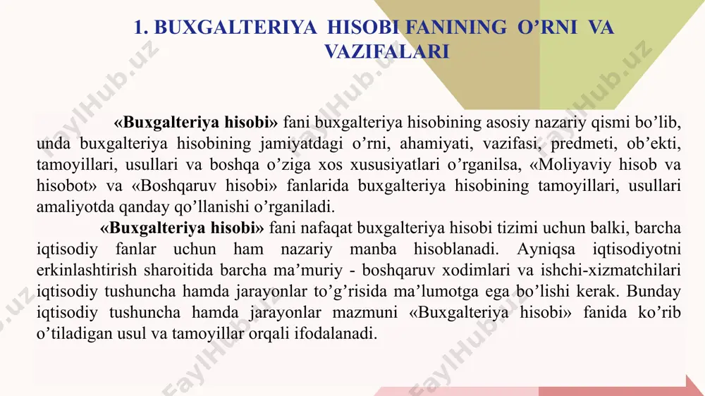 hnat haqi fondi, kapital sarflar, byudjet va boshqa tashkilotlar bilan xisoblashish va boshqa kursatkichlar boʼyicha rejaning bajarilishini aniq aks ettirish, kuzatish va ularning natijalarini topish; 9 -subʼektning va uning ayrim boʼlimlaridagi ishlab chiqarish, qurilish-montaj va boshqa ishlar bilan bogʼliq xarajatlarni toʼla aks ettirish, nazorat qilish hamda ishlab chiqarilgan mahsulot, bajarilgan ish va xizmatlarning iqtisodiy jixatdan asoslangan hisobot kalьkulyatsiyasini tuzish; -subʼekt va uning ayrim boʼlimlarining rahbarlarini moliyaviyxoʼjalik faoliyatining barcha boʼlinmalariga doir toʼla va aniq iqtisodiy axborot bilan tezlikda taʼminlab turish; - taʼsischilar, aktsiyadorlar, sarmoya egalari, yuqori tashkilot, moliya, solik, statistika va boshqa buxgalteriya hisoboti maʼlumotlaridan foydalanuvchi tashkilot va shaxslarga oʼz vaktida topshirish uchun aniq hisobotlarni yaratish; - boshqaruv karorlarini iqtisodiy jixatdan asoslab berish uchun umumlashtirilgan axborotning tartiblashtirilgan okimini taminlash; - toʼla xoʼjalik xisobini subʼekt miqyosida hamda uning ayrim ishlab chiqarish boʼlinmalari va brigadalarida joriy etish va mustahkamlash; - subʼektning mablagʼlaridan toʼla va unumli foydalanish, undagi mulklarning butligini taʼminlash, iqtisodiy tejash tartibiga …