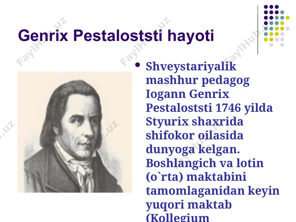 (5—8 yoshgacha bo`lgan o`gil-qizlar o`qir edi) ishga joylashdi. asosiy e’tiborini bu yoshdagi bolalarda nutq va matematik tasavvurini rivojlanishiga qaratdi. 1800 yili pestaloststi rahbarligida institut tashkil etildi. institut tarkibiga, internat shaklidagi o`rta maktab ham-da o`qituvchilar tayyorlash seminariyasi kiritilgan edi. pestalotsining ijtimoiy-pedagogik va falsafiy qarashlari pestalotsi o’z xalqini oyoqqa turg’azishni orzu qildi, u mehnatkashlarni o’qitish va tarbiyalash yo’li bilan ularning turmushini o’zgartirish mumkin, deb o’yladi. u xalq boshiga tushgan kulfatlarning manbai iqtisodiy sharoit emas, balki ma’rifatning yo’qligi deb bildi. pestalotsi hamma odamlar tarbiya va ilm olish huquqiga ega bo’lishi lozim, maktablar jamiyatni ijtimoiy jihatdan o’zgartirishning muhim vositalaridan biri bo’lishi kerakligini ta’kidladi. uning fikricha, har bir kishining haqiqiy insoniy kuchlari harakatga kelib, mustahkamlangandagina eng muhim ijtimoiy masalalar hal qilinadi. bunga tarbiya yo’li bilan ham erishish mumkina pestalotsi ona tili o’qitishning asosiy vazifasi pestalotsi ona tili o’qitishning asosiy vazifasi bolaning nutqini o’stirish va uning so’z boyligini orttirishdan iborat bo’lishi lozim, deb hisobladi. pestalotsi savod …
