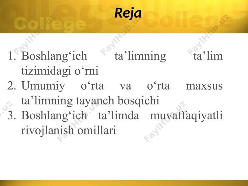 m tizimining poydevori. bu davrda ta’lim muhitini to‘g‘ri tashkil etish, o‘quvchilarni bilim va ma'naviyatga yo‘naltirish muhimdir. yaxshi ta’lim muhitida shakllangan shaxs o‘zining jamiyatdagi o‘rnini mustahkamlashga yordam beradi. adabiyotlar xasanov, a. (2015). pedagogika asoslari. toshkent: fan va texnologiya.shayxov, m. (2019). boshlang‘ich ta’lim metodikasi. toshkent: o‘zbekiston respublikasi oliy va o‘rta maxsus ta’lim vazirligi.yunusov, z. (2020). pedagogik psixologiya: boshlang‘ich ta’lim muhitida o‘quvchi shaxsini rivojlantirish. toshkent: o‘zbekiston milliy universiteti.mustafaev, n. (2018). ta'limda innovatsiyalar va yangi pedagogik texnologiyalar. toshkent: o‘zbekiston yozuvchilar uyushmasi. image2.jpeg image3.jpeg image4.jpeg image5.jpeg image6.jpeg image7.jpeg image1.jpeg /docprops/thumbnail.jpeg