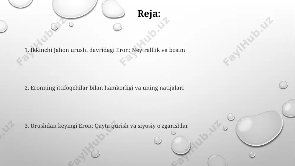 ayishiga olib keldi. angliya va sovet qo'shinlari 1941 yil avgustda eron hududiga 400 000 dan ortiq askar bilan bostirib kirishdi, bu esa mamlakatning tezkor okkupatsiyasiga olib keldi. milliy ozodlik harakatlari ikkinchi jahon urushi davrida milliy ozodlik harakatlarining faolligi 1941-yilning kuzidan 1946-yilgacha bo'lgan davrda sezilarli darajada oshdi, bu davrda 50 dan ortiq qurollangan guruhlar paydo bo'ldi. toshkentda 1942 yilda milliy ozodlik harakatining yetakchi shaxslari tomonidan tuzilgan maxfiy tashkilotlar, 200 dan ortiq ishtirokchi bilan, britaniya va sovet maxsus xizmatlari bilan aloqalar o'rnatishga harakat qildi. milliy ozodlik harakatlari doirasida, 1943-1945 yillar oralig'ida kamida 3 ta yirik qo'zg'olonlar bo'lib o'tdi, ular asosan shimoliy va g'arbiy viloyatlarda sodir bo'lib, minglab ishtirokchilarni o'z ichiga oldi. eron neftining strategik ahamiyati axis kuchlari tomonidan eron neftini egallab olishga urinish, ittifoqdoshlar tomonidan neft oqimini nazorat qilish va sharqiy front uchun resurs ta’minotini ta’minlashda juda muhim rol o‘ynagan. eron neft konlarining nazorati, aksariyat neftni qayta ishlash zavodlari va portlari britaniya …
