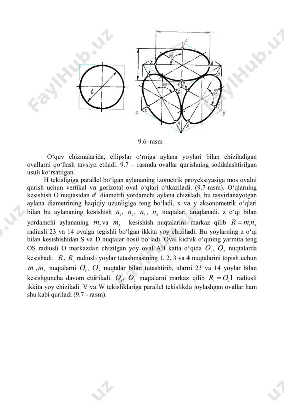 maning izometrik proyeksiyasi quyidagi ketma-ketlikda quriladi (9.8 –rasm). agar prizmaning asosi – muntazam kо‘pburchak (masalan, oltiburchak) bо‘lsa, u holda asos uchlarini koordinatalar orqali qurishni soddalashtirish mumkin, buning uchun koordinata о‘qlaridan birini asosning markazi orqali о‘tkaziladi. 9.8- rasmda x, y va z о‘qlar muntazam prizmaning oltiburchakliklari markazlari orqali о‘tkazilgan. prizma asosining izometrik proyeksiyasini qurib, asos oltiburchagi uchlaridan mos ravishda x, y va z о‘qlariga parallel tо‘g‘ri chiziqlar о‘tkazamiz. bu tо‘g‘ri chiziqlarga asos uchidan boshlab prizmaning balandligini о‘lchab qо‘yamiz va prizmaning boshqa asosi uchlarini belgilovchi 1, 2, 3, 4, 5, 6 nuqtalarga ega bо‘lamiz. bu nuqtalarni о‘zaro tutashtirib prizmaning izometrik proyeksiyasini hosil qilamiz. oxirida qо‘rinadigan va kо‘rinmaydigan qirralarni aiqlaymiz va kо‘rinmaydigan qirralarni shtrix chiziq bilan chizamiz. 9.8 – rasm 9.9 – rasmda kompleks chizmasi bо‘yicha konturi egri chiziqdan iborat bо‘lgan tekis detalning izometrik proyeksiyasini qurish kо‘rsatilgan. detal frontal proyeksiya- lar tekisligiga parallel vaziyatda joylashgan (9.9 – rasm, a va b). kompleks chizmaning …