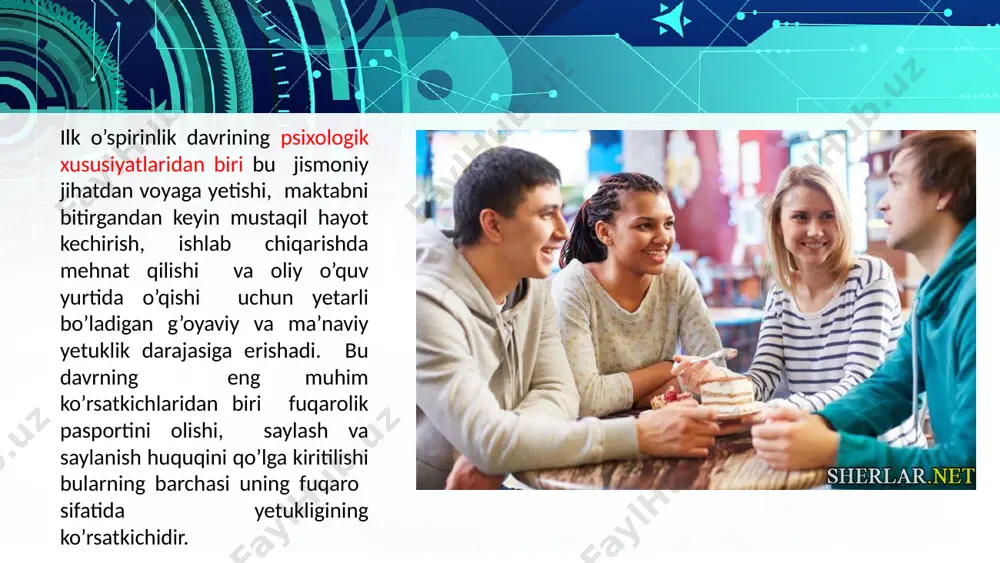 liyatini rukach qilish; g)oilaviy an'analarga rioya etish (vorislik); d) do`stlari va o`rtoqlariga ergashish; е) ish joyi yoki o`quv yurtining uyiga yaqinligi; yo) moddiy ta'minlanishining yaxshi ekani; j) o`quv yurti ko`rinishining chiroyliligi yoki unga joylashish osonligi. shuningdеk boshqa turdagi motivlar masalan, shaxsning biror kasbga, fanga moyilligi, maqsadi, unga intilishi, kasb to`g`risidagi ma'lumoti, o`zining sihat salomatligi, asab tizimining va tеmpеramеntining xususiyati va xokazolar ham bo`lishi mumkin. this presentation uses a free template provided by fppt.com www.free-power-point-templates.com o`spirinlarda kasblar haqida yaqqol tasavvur bo`lmasligi sababli ular ko`proq xatoga yo`l qo`yadilar. buning uchun quyidagi pеdagogik–psixologik omillarga alohida e'tibor bеrish maqsadga muvofiqdir: this presentation uses a free template provided by fppt.com www.free-power-point-templates.com 1. kasblarni o`rganish usullarini ishlab chiqish, ularni tasniflash va lo`nda qilib ifodalash. 2. o`qituvchining kasblar bo`yicha tashviqot ishlarini olib borishi. 3.o`spirinlarni kasbning asosiy turlari bilan tanishtirish. 4.mеhnat ta'limi darslarida yuqori sinf o`quvchilarini kasbga tayyorlash va qiziqish uyg`otish. 5.psixodiagnostik va kasb tanlash usullarining amaliyotga tadbiq …
