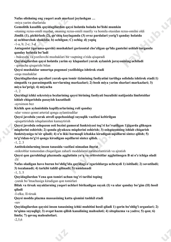 ing orqa miya ko’krak qismida kifoz paydo bo'ladi -besh oy ichida qaysi yoshda ayrsimon bezining massasi eng katta hajmga etadi 30-40g ga -14-15 yoshda traxeyani bronxga ajratish joyi qaysi javoblarda to'g'ri nomlangan -5 ko’krak umurtqasi ro’parasida yurak klapanlari qonning bir tomonlama harakatini qanday yo'nalishda ta'minlaydi a) bo’lmachadan aortaga; b) qorinchadan o’pka arteryasi va aortaga; c) bo’lmachadan o’pka arteryasiga; d) bo’lmachadan qorinchalarga; e) qorinchadan bo’lmachaga -d, b qaysi javobda katta qon aylanish doirasi to'g'ri ko'rsatiladi -yurakning chap qorincha-aorta-arterial qon tomirlari-organlar-venoz qon tomirlari - o'ng bo’lmacha yurak faoliyatini tartibga solish markazi joylashgan … -uzunchoq miyada nafas olishning eng yuqori asab markazi joylashgan … -miya yarim sharlarida gemolitik kasallik quyidagilardan qaysi holatda bolada bo'lishi mumkin -otaning rezus-omili musbat, onaning rezus-omili manfiy va homila otasidan rezus-omilni oldi jimlik (1), pichirlash (2), qo'shiq kuylaganda (3) ovoz pardalari yorig'i qanday holatda a) uchburchak shaklida; b) ochilgan; c) ochiq; d) yopiq -1-a, b; 2-c; 3-d antagonist (qarama-qarshi) …