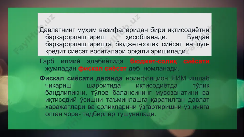 qlar tovarlar va xizmatlarni sotish yoki iste’mol qilish sohasida undiriladi. ya’ni pirovard natijasida mahsulotning iste’molchilariga yuklanadi. soliqqa tortish obyektlari: ● daromad; ● kapital; ● yer; ● xo‘jalik aylanmasi; ● ayrim tovarlar aniqroq mezonlardir. soliq stavkalari foyda solig‘i (15 foiz, alohida toifalar uchun — 20 foiz), jismoniy shaxslardan olinadigan daromad solig‘i (12 foiz), yuridik shaxslarning mol-mulkiga solinadigan soliq (1,5 foiz), qishloq xo‘jaligiga mo‘ljallangan yerlar uchun yer solig‘i (0,95 foiz), ijtimoiy soliq (budjet tashkilotlari — 25 foiz, qolganlar — 12 foiz) bo‘yicha stavkalar saqlab qolinmoqda. qo‘shilgan qiymat solig‘i (qqs) soliq to‘lovchilarning toifasi, soliqni hisoblab chiqarish va to‘lash tartibi, shuningdek soliq hisobotini taqdim etish muddatlari saqlab qolinmoqda. 2023-yilning 1-yanvaridan boshlab qqs stavkasi 15 foizdan 12 foizgacha pasaytirilmoqda. qoplanadigan (qaytariladigan) qo‘shilgan qiymat solig‘i summasining asosliligi yuzasidan kameral soliq tekshiruvini o‘tkazish muddatlari 60 kundan 30 kungacha qisqartirilmoqda. aksiz solig‘i soliq to‘lovchilarning toifasi, shuningdek soliq hisobotini taqdim etish va soliqni to‘lash muddatlari saqlab qolinmoqda. 2023-yilning 1-fevralidan …