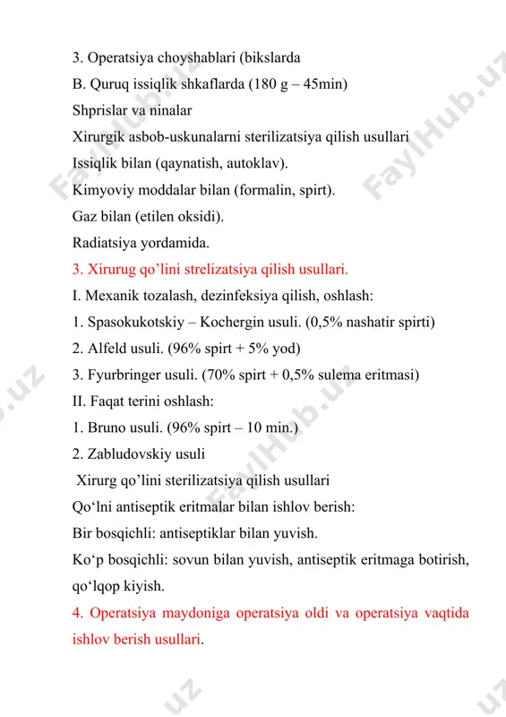laniladi va jarrohlik jarayonini muvaffaqiyatli o'tkazish uchun kerakli sharoitni yaratadi. ular quyidagilarga bo'linadi: · anesteziya: jarayonning o'zi va bemor uchun og'riqsiz va xavfsiz o'tishini ta'minlash maqsadida turli xil anesteziya usullari (umumiy yoki lokal) qo'llaniladi. · jarrohlik texnikasi: operatsiya jarayonida jarrohning yuqori malakasi, aniq va to'g'ri jarrohlik amaliyotlarini bajarishi zarur. · qon ketishining nazorati: operatsiya davomida qon ketishini to'xtatish uchun turli xil vositalar (masalan, qon to'xtatish vositalari, termoelektrik usullar) qo'llaniladi. · o'pka va yurak monitoringi: agar operatsiya murakkab bo'lsa yoki umumiy anesteziya talab etilsa, yurak va o'pkaning holati doimiy ravishda nazorat qilinadi. · intraoperativ diagnostika: operatsiya jarayonida bemorning holati va operatsiyaning rivojlanishini tekshirish maqsadida turli diagnostik usullar (masalan, rentgen, ultratovush) qo'llanilishi mumkin. · suturing va dikişlar: jarrohlik sohasida operatsiya yakunida jarrohlik jarayonini to'liq yakunlash uchun mukammal dikiş ishlov berish usullari qo'llaniladi. xulosa: operatsiya maydonida operatsiya oldi va operatsiya vaqtida ishlov berish usullari jarrohlik jarayonining xavfsizligini ta'minlash va bemorning tezroq sog'ayishiga yordam …