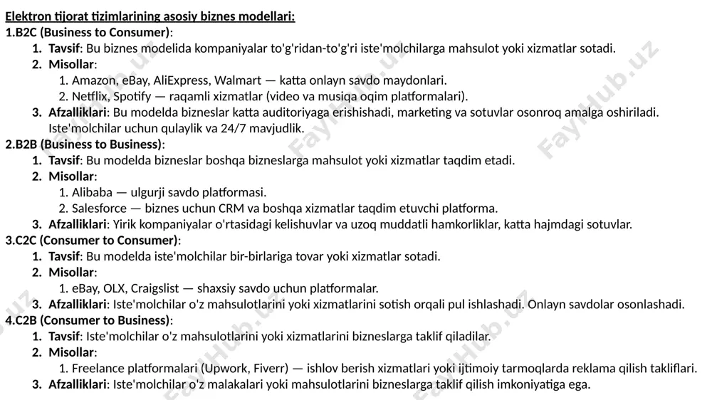 ay, olx, craigslist — shaxsiy savdo uchun platformalar. afzalliklari: iste'molchilar o'z mahsulotlarini yoki xizmatlarini sotish orqali pul ishlashadi. onlayn savdolar osonlashadi. c2b (consumer to business): tavsif: iste'molchilar o'z mahsulotlarini yoki xizmatlarini bizneslarga taklif qiladilar. misollar: freelance platformalari (upwork, fiverr) — ishlov berish xizmatlari yoki ijtimoiy tarmoqlarda reklama qilish takliflari. afzalliklari: iste'molchilar o'z malakalari yoki mahsulotlarini bizneslarga taklif qilish imkoniyatiga ega. elektron tijorat tizimlarining turli xil turlari va platformalari: onlayn savdo do'konlari: bu turdagi elektron tijorat platformalari tovarlar va xizmatlarni sotish uchun yaratilgan. ular asosan b2c modeliga asoslanadi. tovarlar to'plami, narxlar, aksiyalar va mijozlarga xizmat ko'rsatish kabi ma'lumotlar mavjud. misollar: amazon — yirik onlayn savdo maydoni, butun dunyo bo'ylab millionlab mahsulotlarni sotadi. aliexpress — xitoydagi ishlab chiqaruvchilar tomonidan sotiladigan mahsulotlarni global bozorga chiqaradigan platforma. etsy — hunarmandchilik va san'atkorlarning o'z mahsulotlarini sotish uchun yaratilgan platforma. onlayn bozorlar va savdo platformalari: bu platformalar ko'plab sotuvchilarni birlashtiradi va ular o'z mahsulotlarini sotishi mumkin. …