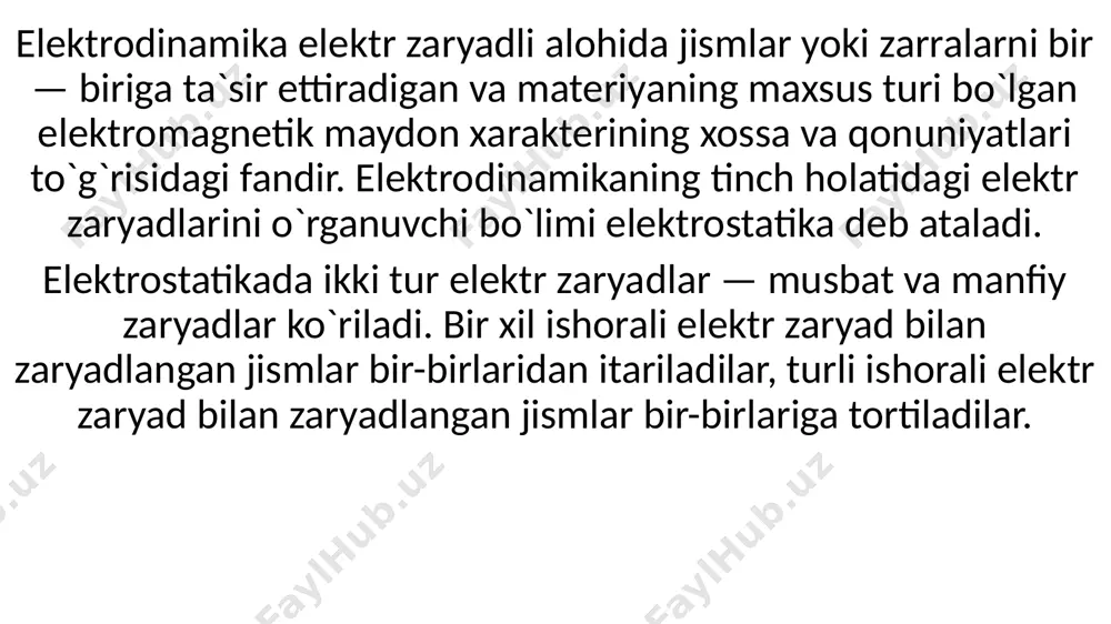elektr maydonlari tufaylidir. elektr zaryadlar bir-biriga bevosita emas, balki bilvosita taʼsir etadi. har bir zaryad d oʻz atrofidagi fazoda elektr maydon harakat qiladi va shu maydon orqali boshqa maydonga taʼsir etadi. demak, elektr maydonning asosiy xususiyatlaridan biri mavjud boʻlgan elektr maydonga zaryad kiritilganda unga gʻ kuch taʼsir etishidir. elektr maydon elektr maydon kuchlanganligi yo va maydon potensiali f bilan tavsiflanadi. elektr maydon kuchlanganligi maydonning kuch xarakteristikasi boʻlib, u miqdor jihatdan maydonning muayyan nuqtasidagi birlik musbat zaryadga maydon tomonidan taʼsir etadigan elektr kuchlanishi bilan oʻlchanadi. kuchlanish vektor kattalik boʻlib, yoʻnalishi musbat zaryadga taʼsir etuvchi kuch yoʻnalishi bilan bir xil. barcha nuqtalarda elektr maydon kuchlanganligi ham yoʻnalish, ham miqdor jihatdan bir xil boʻlgan magnit maydon bir jinsli maydon deb ataladi. maydon potensiali skalyar kattalik, u elektr maydonning energetik xarakteristikasi hisoblanadi. elektr maydonni yaqqol tasavvur qilish maqsadida elektr kuch chiziqlari va ekvipotensial sirt tushunchalaridan foydalaniladi. agar q>0 bo’lsa, maydonning har qanday nuqtadagi kuchlanganlik …
