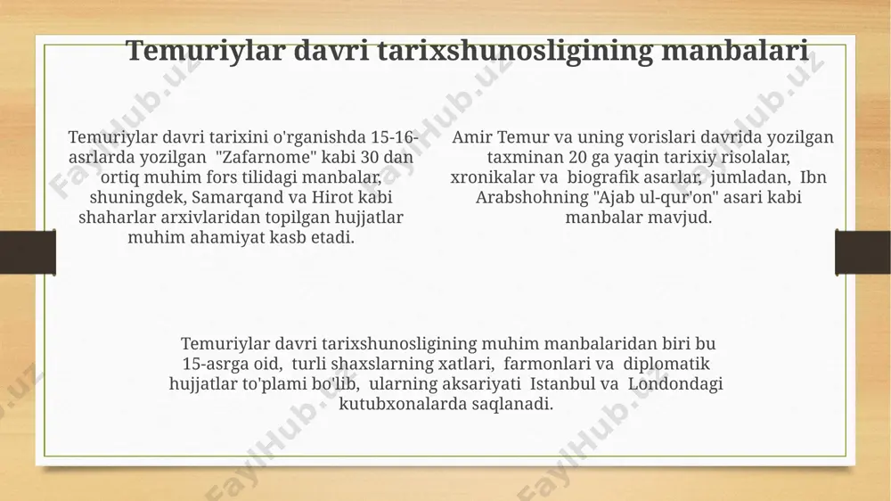 g parchalanish jarayonini va mintaqaviy qudratlar, xususan, usmonlilar bilan munosabatlarini tahlil qilishda 3 ta asosiy manbadan – davlat arxivlari, elchixonalarning hisobotlaridan foydalanadi. temuriylar davri voqealarining sharhlari amir temur va uning avlodlari haqidagi 20 dan ortiq turli tillarda yozilgan xotiralar va salnomalar mavjud bo‘lib, ularning ba’zilari fors, arab va turkiy tillarda yozilgan va eronda, o‘rta osiyoda va hindistonda saqlanadi. temuriylar davri tarixchiligida samarqand 15-asrda jahonning yirik ilmiy markazi sifatida 30 dan ortiq kutubxona va 100 ga yaqin madrasalarga ega bo‘lganligi, bu esa tarixiy manbalarni yaratish va saqlash uchun qulay shart-sharoitlar yaratganligini ko‘rsatadi. temuriylar davri voqealariga bag‘ishlangan tarixiy asarlarni tahlil qilishda 14-15-asrlarning siyosiy, iqtisodiy va madaniy jarayonlarini hisobga olish, shuningdek, 50 dan ortiq manbalarni solishtirish muhim ahamiyat kasb etadi. temuriylar davri tarixshunosligining muammolari va istiqbollari temuriylar davri tarixshunosligida 15-16-asr manbalarining geografik tarqalishi va ularning saqlanish holati (masalan, samarqand, hirot arxivlari) muammoli jihatlardan biri hisoblanadi. temuriylar davriga oid 200 dan ortiq qo'lyozma manbalar …