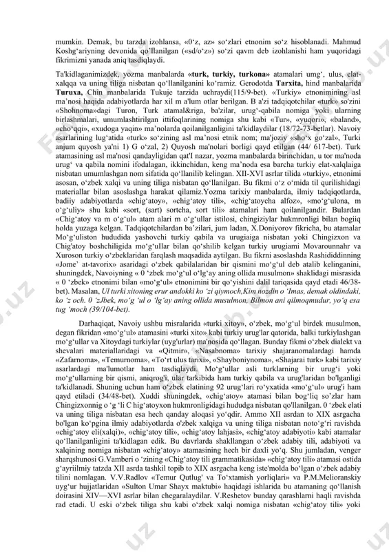 lozim topamiz. «yercbi (yer biladigan kishini) surishtirdim, cho‘liik az yigitni topdim. 0 ‘zim, az — maskanim (yerim), uni bil... bir manzili bor ekan. ani (hozir ham ani daryosi bor) bilan borib, o‘sba erda etib, bir otlig‘ (yo‘i) yurib boradi, dedi» (tunyuquq bitiktoshidan). «qashsboq xalqni boy qiidim, az xalqini ko‘paytirdim. 0 ‘z so‘zimda qaibakilik bormi... 0 ‘n o‘q xalqi qiyinchilik kotdi. bobomiz, ajdodimiz boshqargan er-suv egasiz bo‘lmasin deb az xalqini tuzatib (tiklab)... bars bek edi. xoqon (deb) bunda biz unvon berdlk. singlim xoqonzodani berdik. 0 ‘zi adashdi, xoqoni o‘idi, xalqi cho‘ri, qui bo‘ldi. ko‘kman er-suvi egasiz qolmasin deb az, qirqiz xalqini tikiab... kultigin 27 yoshida qarluq xaiqi begonalashib ketgach dushman bo‘ldi. qariuqni oidirdik, qotga oldik. az xalqi dushman botdl. qorakotda jang qildik... az eltabarni tutdi//qo‘lga tushirdi). az xalqi o‘shanda yo‘q bo‘ldi» (21/74, 91, 106, 110, 127- betlar) kabi o‘rinlarda «az»(o‘z) dan urug‘-qabila, elat, davlat ma’nolari ham anglashiladi. ba’zi olimlar hoziigi ishlarida …