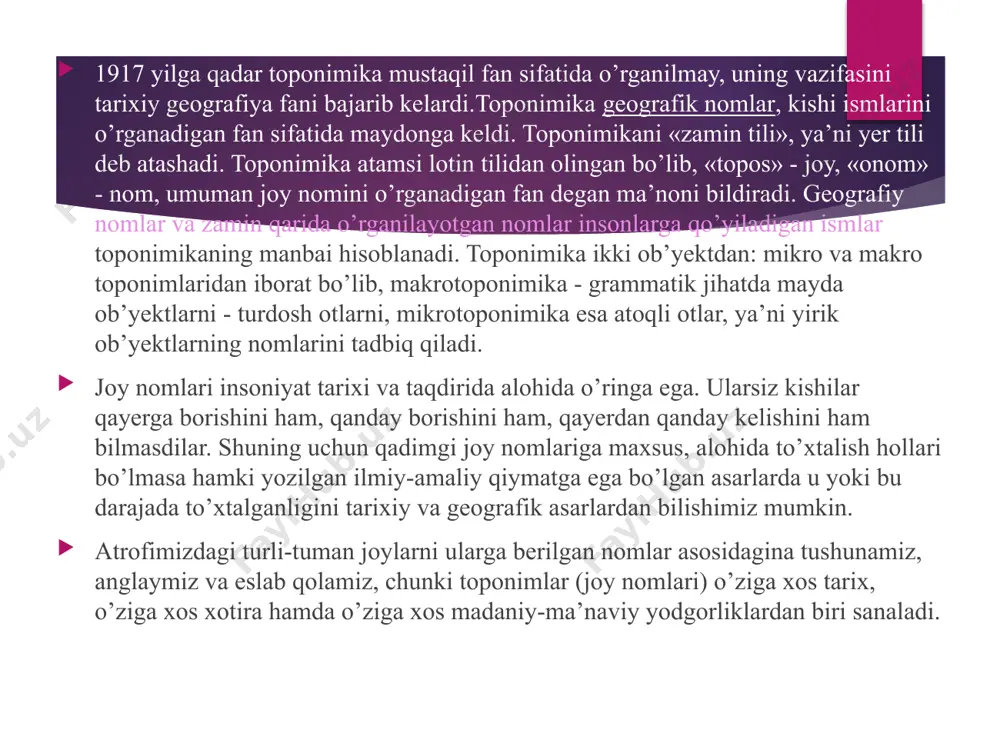 omlari davlat ahamiyatiga molik masala ekanligi qator rasmiy hujjatlarda qayd qilingan. o’zbekiston toponimikasi fani asrimizning 30-yillaridan boshlab rivojlangan. uning rivojlanishiga toponimist olim h. hasanovning xizmatlari katta. vatanimiz joy nomlariga oid toponimik ma’lumotlar esa tarixiy ilmiy kitoblardan qadim-qadimdan beri naql qilinib kelmoqda. shu sababli joy nomlari bo’yicha olib borilayotgan ilmiy tadqiqot ishlarida ancha qadimiy bo’lgan qo’lyozma manbalardagi materiallar ham e’tiborga olinmoqda. bu holni hozirgi vaqtda amalga oshirilayotgan ilmay tadqiqot ishlarida aniq ko’rish mumkin. o’zbekiston toponimikasi fani ona vatanimiz hududidagi joy nomlarini yig’ish, to’plash, ma’lum bir ilmiy-nazariy tizimga solish bilan birga, ularga har tomonlama izohlashga ham harakat qiladi. mamlakatimiz hududida toshkent shahar, toshkent, sirdaryo, jizzax, samarqand, qashqadaryo, surxondaryo, buxoro, xorazm, navoiy, namangan, andijon, farg’ona viloyatlari va qoraqalpog’iston respublikasi joylashgan. yuqorida sanab o’tilgan shahar, viloyatlar, respublikasiga ma’lumotlarni bu fan yig’ib to’plash jamlab beradi. har bir hudud uchun toponimik qonuniyatlar takrorlanmas ko’rinishli holatga egaligini v.a.juchkevich ham o’z monografiyasida alohida qayd qilib o’tganligini e’tiborga oladigan …