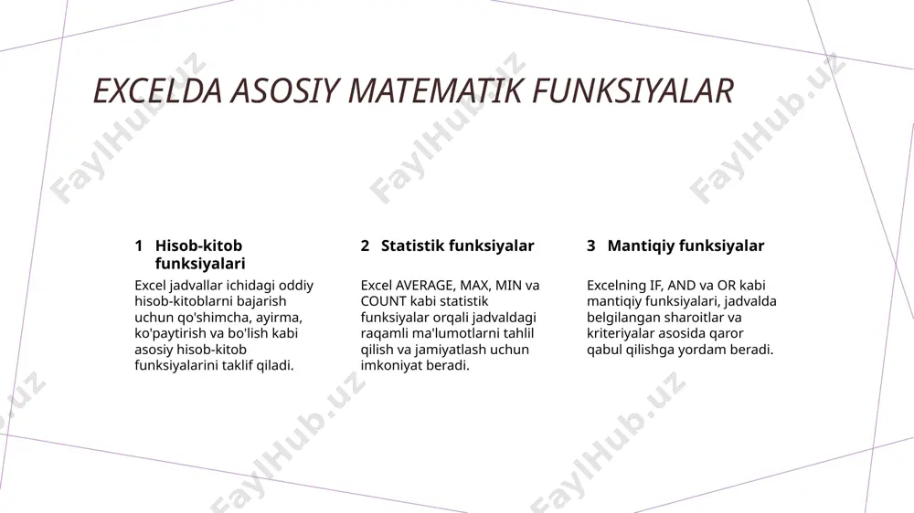 miqdordan yuqori sotilgan mahsulotlar sonini hisoblash yoki testda belgilangan baho ustida imtihonda muvaffaqiyatli bo'lgan talabalar sonini hisoblash uchun foydali. excel funktsiyalarida umumiy xatolarni bartaraf qilish #value! xatosini tushunish bu xato paydo bo'ladi, agar formulada matn emas, balki sonni ko'rsatadigan qatorga ishora qilinganida, masalan, =sum(a1). #div/0! xatosi bilan bog'lanish bu xato, masalan, =a1/b1 formulasi b1 nolda bo'lgan sonni bo'lishga urinish qilganda paydo bo'ladi. #ref! xatosini tuzatish #ref! xatosi, ko'p o'chirilgan yoki ko'chirilgan qatorlar sababli ommaviy mazmunni to'g'ri ko'rsatmasligi natijasida paydo bo'ladi. #name? xatosini hal qilish bu xato, masalan, =sum(a1, b1, c1, d1) formulada ishlatilgan funksiya yoki buyruqni excel tanimasligi holatida paydo bo'ladi. excelda matematik va mantiqiy funksiyalarining amaliyotlari 1 2 3 asosiy matematik funksiyalar ma'lumot tahlili uchun mantiqiy funksiyalar funksiyalarining amaliyotlari mavzusida amaliy misollar excel, sum, average va max kabi ko'plab matematik funksiyalarni taklif qiladi, ma'lumot to'plamlari ustida oddiy hisob-kitoblarni amalga oshirish uchun. if, and va or kabi mantiqiy funksiyalar, excelda …