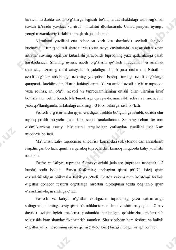 alab qo‘yiladigan, jadal rivojlanish davrida, oziq elementlari bilan ta’minlash uchun qo‘llaniladi. asosiy o‘g‘itlashda rejalashtirilgan o‘g‘itmeyorining asosiy qismi tuproqqa solinadi. xo‘jalikning tuproq-iqlim sharoitlari va ayrim iqtisodiy tashkiliy muammolaridan kelib chiqqan holda asosiy o‘g‘itlash ko‘proq kuzda, ba’zi hollarda bahorda amalga oshiriladi. asosiy o‘g‘itlashning eng qulay muddatlarini belgilashda tuproqning mexanikaviy tarkibi, namlanish sharoitlari va o‘g‘itlarning xususiyatlari hisobga olinadi. oson eruvchan va ser harakat bo‘lganligi sababli nitratli va ammiakli-nitratli azotli o‘g‘itlar faqat tuproqni bahorda qayta ishlash davrida yoki kultivator – o‘g‘itlagich yordamida beriladi. fosforli o‘g‘itlarni iloji boricha chuqurroq ko‘mish uchun ular odatda kuzda shudgor ostiga yoki bahorda qayta haydash oldidan sochib chiqilib haydaladi. tarkibida xlor bo‘lgan kaliyli o‘g‘itlar yillik meyorining 50 foizi yoki undan ham ko‘prog‘i kuzgi shudgor ostiga berilsa, kuzdagi yog‘in-sochinlar ta’sirida xlorning asosiy qismi yuvilib ketib, o‘simliklarga ko‘rsatadigan salbiy ta’siri kamayadi. go‘ngni ham kuzda, ayrim hollarda bahorgi ishlov paytida qo‘llash yaxshi samara beradi. go‘ngni ko‘mish chuqurligi bevosita tuproqlarning namligi va mexanikaviy tarkibi …