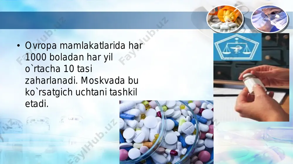 i aylanadi, yotadi va chuqur uyquga ketadi. uyqu paytida og`ir koma holati yuzaga kelishi, ya`ni nafasi, yuragi to`xtab qolishi mumkin dori moddalardan zaharlanishda tibbiy yordam. • - tez yordam chaqirib, yoki boshqa, to`g`ri kelgan mashinada bemorni shifoxonaning • reanimatsiya bo`limiga • jo`natish kerak; • - tezlik bilan bemorni shifoxonaga • jo`natishning iloji bo`lmasa, • ya`ni masofa uzoq bo`lsa yoki • mashina bo`lmasa, quyidagicha • birinchi tibbiy yordam ko`rsatiladi: • - me`da yuviladi; • - me`dani yuvish zondsiz va zond yordamida bajariladi; • - zondsiz usul, asosan katta yoshli bolalar, o`smirlar, katta odamlarda, va bemorning ahvoli og`ir bo`lmagan hollarda qo`llanadi. ilon, chayon, qoraqurt va boshqa zaharli hashorotlar chaqqanida birinchi tibbiy yordam: 1.adrenalin (noradrenalin) -0,1 %-0,5-1 ml (bolaga 0,2-0,3- 0,4 ml) ilon chaqqan joyga muskul orasiga in`yeksiya qilinadi.muskul orasiga in`yeksiya qilinishiga sabab ilonning tishi chuqurlikka, ya`ni muskulga yetib boradi. 2.boshqa hashorotlar chaqqanida adrenalin (noradrenalin) teri ustiga yuborilishi mumkin. 3.og`riqni kamaytirish uchun analgin …