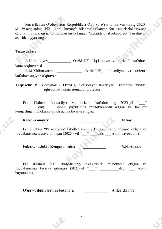 llabusi psixologiya 5230100 – iqtisodiyot (tarmoqlar va sohalar boʻyicha)–ta’lim yo‘nalishi kurs: institutsional iqtisodiyot kurs turi: majburiy kurs kodi: iseb404 yil: 2023-2024 semestr: 6 ta'lim shakli: sirtqi mashg‘ulotlar shakli va semestrga ajratilgan soatlar: 120 ma’ruza 10 laboratoriya mashg’uloti 10 mustaqil ta’lim 100 kredit miqdori: 4 baholash shakli: sinov va imtihon kurs tili: o‘zbek kurs maqsadi (km) km1 fanni o‘qitishdan maqsad – talabalarda institutsional iqtisodiyotining shakllanishi va rivojlanishining ham nazariy, ham amaliy tomonlarini, iqtisodiyot sub’ektlari faoliyatini o‘rganish usullari bo‘yicha bilim, ko‘nikma va malakalarini shakllantirishdir. fanning vazifasi – talabalarga iqtisodiyotda institutlar tizimi rivojlanishi, mulk huquqlari, ular shakllari faoliyatiga ta’sir qiluvchi omillarni, davlat va uy xo‘jaligi kabi institutlarni, institutsional islohotlarni tahlil qilish asosida xulosalar chiqarishni o‘rgatishdan iborat ta'lim natijalari (tn) bilim jihatdan: tn 1 - institutlar tushunchasi; institutsionalizm mohiyati va tamoyillari; institutlar va ularning iqtisodiyotdagi roli to‘g‘risida tasavvurga ega bo‘lishi; tn 2 - rejali va bozor iqtisodiyot institutlari asosiy qonunlari; transaksiyalar va transaksiey xarajatlari …
