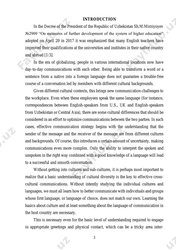 on; 2) to analyze typical non-verbal behavior of people across various cultures; 3) to consider principles of cultural aspect in the non-verbal communications; 4) to determine the peoples’ particular types of non-verbal means of interaction in communication. the structure of the given course paper is as follows. it comprises three theoretical chapters and analytical (practical) part, the conclusion and bibliography. the total volume of the research is 36 pages. the course paper consists of introduction, two chapters, conclusion, reference and internet resources used in the work. chapter i is devoted to the ethical aspect of speech culture requires adherence to the rules and norms of speech behavior in the process of communication, knowledge of the system of speech formulas of communication. 5 chapter ii of the work is devoted to the cultural aspects which discuss common features of culture, impact of culture and society to human in the process of …