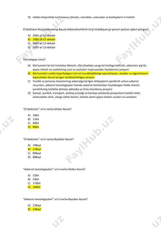 an audio-, video-, grafik va matnli axborot axborot resursi nima? a) kompyuter resurslarini, maʼlumotlarni, dasturlarning bajarilishini boshqaradigan, hamda tizimning resurslarini taqsimlash, rejalashtirish, kirish-chiqishni va maʼlumotlarni boshqararish kabi vazifalarni taʼminlaydigan dasturiy vositalar majmui b) axborotni to‘plash, saqlash, izlash, unga ishlov berish va uni tarqatish uchun foydalaniladigan jami uslublar, qurilmalar, usullar va jarayonlar c) axborotni to‘plash, saqlash, izlash, unga ishlov berish hamda undan foydalanish imkonini beradigan, tashkiliy jihatdan tartibga solingan jami axborot resurslari, axborot texnologiyalari va aloqa vositalari d) axborot tizimi tarkibidagi elektron shakldagi axborot, ma’lumotlar banki, ma’lumotlar bazasi, shu jumladan axborot tizimlarida ochiq shaklda joylashtiriladigan yoxud e’lon qilinadigan audio-, video-, grafik va matnli axborot avtomatlashtirilgan ofisning zamonaviy axborot texnologiyalari bu - ... a) tashkilot ichidagi va tashqi muhit bilan kommunikatsion jarayonlarni kompyuter tarmoqlari va axborotlar bilan ishlovchi boshqa zamonaviy vositalar asosida tashkil etish va qo'llab-quvvatlash. b) kompyuterlar, hisoblash vositalari, audio va video qurilmalar, aloqa vositalari, teletayplar, telefakslar, telekslar, kseroks va boshqalar …