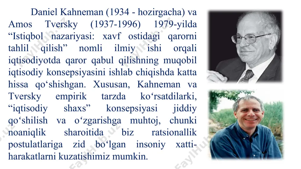 bir tizimda sintez qilinadigan oʻzgaruvchilar oʻrtasidagi koʻplab yopiq aloqalarning oʻzaro taʼsiri jarayoni sifatida tasvirlash muhim edi. baʼzi neyronlar boshqalarni faollashtiradi, shundan soʻng miya yarim korteksining baʼzi joylari harakatga keladi, maʼlum hislar va his-tuygʻular kuchayadi, xuddi shunday holat millionlab boshqa neyronlar bilan sodir boʻladi va oxir-oqibat bu taʼsirlarning barchasi bitta qaror yoki harakatga aylanadi. 3. istiqbollar va tanqid nazariyasi. d.kahneman va a.tversky o‘zlarining nazariyasida evristika va individual hukmlarning o‘zgarishlarini oʻrganish boʻyicha fundamental va uzoq muddatli loyihani amalga oshirdilar, iqtisodiy nazariyada qabul qilingan meʼyoriy standartga nisbatan xatti-harakatlarini kuzatishdi. psixologik tadqiqotlar natijasida toʻplangan boy tajribali material, asoslari - homo ekonomus (inson faoliyati iqtisodiyoti) modelidan kelib chiqqan holda, oʻrnatilgan uslublar va taʼlimotlarni qayta koʻrib chiqishga asos boʻldi. darhaqiqat, qarorlarni muntazam qabul qilishga moyil boʻlgan odamlarning koʻpchiligi oqilona emas, balki intuitiv mulohazalar bilan boshqariladi, buni d.kahneman va uning hamkasbi xulq-atvor evristikasi deb atagan. istiqbol nazariyasining ikkita ustuni mavjud bo‘lib, bu qiymat funksiyasi va qaror vazni …