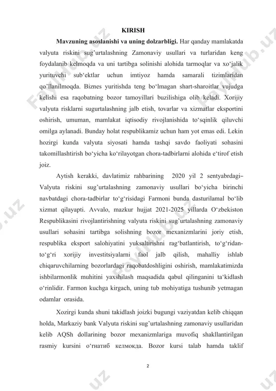 to‘g‘ri xorijiy investitsiyalarni faol jalb qilish, mahalliy ishlab chiqaruvchilarning bozorlardagi raqobatdoshligini oshirish, mamlakatimizda ishbilarmonlik muhitini yaxshilash maqsadida qabul qilinganini ta‘kidlash o‘rinlidir. farmon kuchga kirgach, uning tub mohiyatiga tushunib yetmagan odamlar orasida. xozirgi kunda shuni takidlash joizki bugungi vaziyatdan kelib chiqqan holda, markaziy bank valyuta riskini sug’urtalashning zamonaviy usullaridan kelib aqsh dollarining bozor mexanizmlariga muvofiq shakllantirilgan rasmiy kursini o‘rнатиб келмокда. bozor kursi talab hamda taklif mutanosibligidan kelib chiqishini inobatga olgan holda bozor to‘laqonli ishlay boshlaganidan keyingina bozor kursi qanday bo‘lishi aytа olamiz. endi markaziy bank tomonidan, avvalgidek, maqsadli devalvatsiyaning amalga oshirilishi siyosati bir oz o‘zgaradi. natijada, asosan, eng yirik bitimlar tuziladigan birja va banklardagi oldi-sotdi kurslari asos qilib olingan holda, bozor mexanizmidagi real talab hamda taklifdan kelib chiqilgan kurs belgilanadi. bunda dastlabki oylarda xorijiy valyutaga nisbatan talab foydasini to‘liq repatriatsiya qila olmayotgan tashkilotlar hisobiga yuqori bo‘lishi kutiladi. bu – kurs oshishi mumkin, degani. biroq agar xorijiy valyuta valyuta riskini sug’urtalashning zamonaviy …