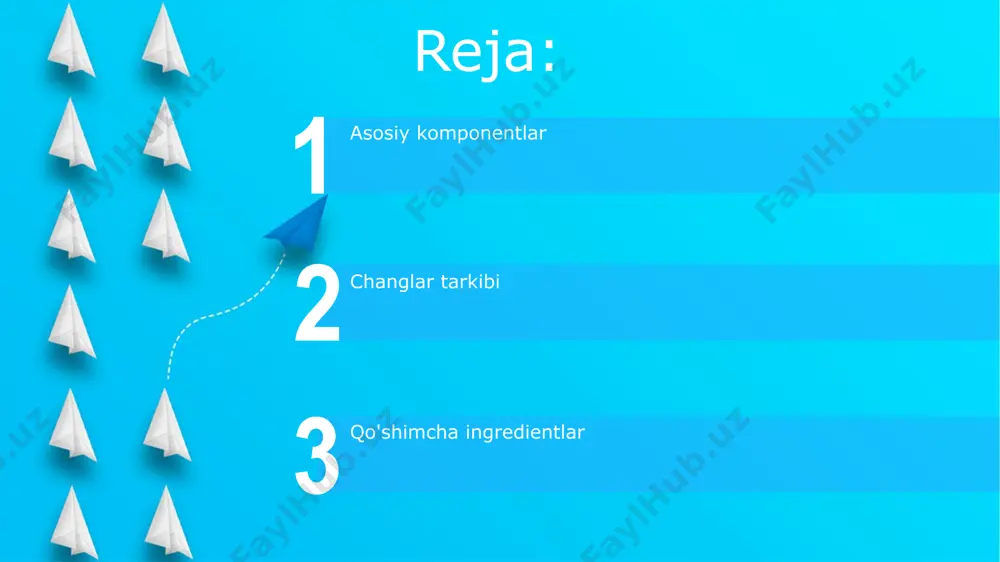 lar, masalan, mayiz yoki o'rik qurig'i ham 10% gacha miqdorda qo'shilishi mumkin. ayrim retseptlarga ko'ra, changlar tarkibiga 2-3 turdagi sitrus mevalari, masalan, limon va apelsin ham qo'shiladi, bu uning ta'mini boyitadi. changlar ishlab chiqarish texnologiyasi va qo'shimcha tarkibiy qismlar start changlarning ta'm va rang xususiyatlarini yaxshilash uchun 0,5-2% gacha bo'lgan tabiiy yoki sun'iy aromatizatorlar va bo'yoqlar qo'llanilishi mumkin. changlar ishlab chiqarishda 5-7% gacha o'simlik yog'lari, emulsifikatorlar va stabilizatorlar sifatida qo'shimcha moddalar ishlatiladi, bu mahsulotning tuzilishi va yaroqlilik muddatini uzaytiradi. rang beruvchi moddalar va konservantlar ba'zi changlar tarkibida benzoatlar (e210-e213) kabi konservantlar mavjud bo'lib, ular mahsulotning saqlash muddatini 2-4 haftaga uzaytiradi va mikrobiologik buzilishlarning oldini oladi. changlar tarkibida 1-3% gacha bo'lgan turli rang beruvchi moddalar, masalan, karotinoidlar yoki antosianinlar mavjud bo'lib, ular mahsulotning jozibadorligini oshirishga xizmat qiladi. e'tiboringiz uchun rahmat @taqdimot_robot image5.jpg image6.jpg image7.jpg image8.jpg image9.jpg image10.jpg image11.jpg image1.jpeg image2.jpeg image3.jpeg image4.jpeg