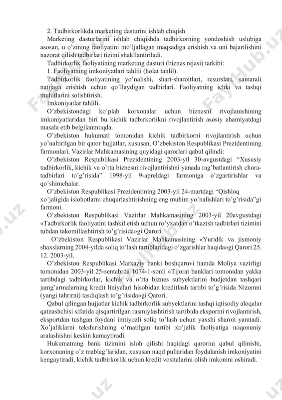 identining 2003-yil 30-avgustdagi “xususiy tadbirkorlik, kichik va o’rta biznesni rivojlantirishni yanada rag’batlantirish chora-tadbirlari to’g’risida” 1998-yil 9-apreldagi farmoniga o’zgartirishlar va qo’shimchalar. o’zbekiston respublikasi prezidentining 2003-yil 24-martdagi “qishloq xo’jaligida islohotlarni chuqurlashtirishning eng muhim yo’nalishlari to’g’risida”gi farmoni. o’zbekiston respublikasi vazirlar mahkamasining 2003-yil 20avgustdagi «tadbirkorlik faoliyatini tashkil etish uchun ro’yxatdan o’tkazish tadbirlari tizimini tubdan takomillashtirish to’g’risida»gi qarori. o’zbekiston respublikasi vazirlar mahkamasining «yuridik va jismoniy shaxslarning 2004-yilda soliq to’lash tartiblaridagi o’zgarishlar haqida»gi qarori 25. 12. 2003-yil. o’zbekiston respublikasi markaziy banki boshqaruvi hamda moliya vazirligi tomonidan 2003-yil 25-sentabrda 1074-1-sonli «tijorat banklari tomonidan yakka tartibdagi tadbirkorlar, kichik va o’rta biznes subyektlarini budjetdan tashqari jamg’armalarning kredit liniyalari hisobidan kreditlash tartibi to’g’risida nizomni (yangi tahrirni) tasdiqlash to’g’risida»gi qarori. qabul qilingan hujjatlar kichik tadbirkorlik subyektlarini tashqi iqtisodiy aloqalar qatnashchisi sifatida qisqartirilgan rasmiylashtirish tartibida eksportni rivojlantirish, eksportdan tushgan foydani imtiyozli soliq to’lash uchun yaxshi sharoit yaratadi. xo’jaliklarni tekshirishning o’rnatilgan tartibi xo’jalik faoliyatiga noqonuniy aralashishni keskin kamaytiradi. hukumatning bank tizimini isloh qilishi …