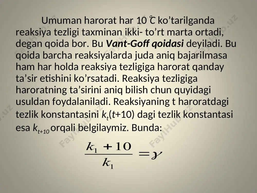 r ishlatilganda esa past haroratda ya’ni ancha qulay sharoitlarda muvozanat holatiga tez erishish mumkin. katalizatorlarning ikkinchi muhim xossasi tanlab ta’sir etishdir. katalizatorlar, odatda biror reaksiyaning yoki ma’lumm tipdagi reaksiyalar gruppasini tezlashtiriadi. tabiiy murakkab katalizatorlar fermentlar juda tanlab ta’sir etuvchi hollarda katalizator reaksiyaga kirishuvchi molekulalarning bir-biriga nisbatan joylashishiga sababchi bo’ladi. katalizda uchraydigan deyarli barcha hollarda katalizator reaksiya uchun olingan moddalar bilan o’zaro tas’irlashib, oraliq mahsulotlar hosil qiladi. bu mahsulotlar beqaror bo’lib reaksiyaning orniga mahsuloti bilan katalizatorga ajraladi. umumiy holda reaksiya uchun katalizator k ishtrokida jarayonni quyidagicha ifodalash mumkin: ba’zan kimyoviy reaksiyalardan hosil bo’ladigan moddalarning o’zi shu reaksiyalardan hosil bo’ladigan moddalarning o’zi shu reaksiyalarda katalizator sifatida ta’sir etadi. bunday reaksiyalar avtokatalitik reaksiyalar deyiladi. bunda reaksiya tezligi avval kichik bo’lib, so’ngra tez ortib ketadi ammo reaksiyaga kirishuvchi moddalarning konsentratsiyasi kamayishi bilan reaksiyaning tezligi ham pasayadi. katalizatorlarga ta’sir etganida uning aktivligini kamaytiradigan moddalar ham bor. bunday moddalar katalitik zaharlar hodisaning o’zi esa katalizatorning zaharlanishi …