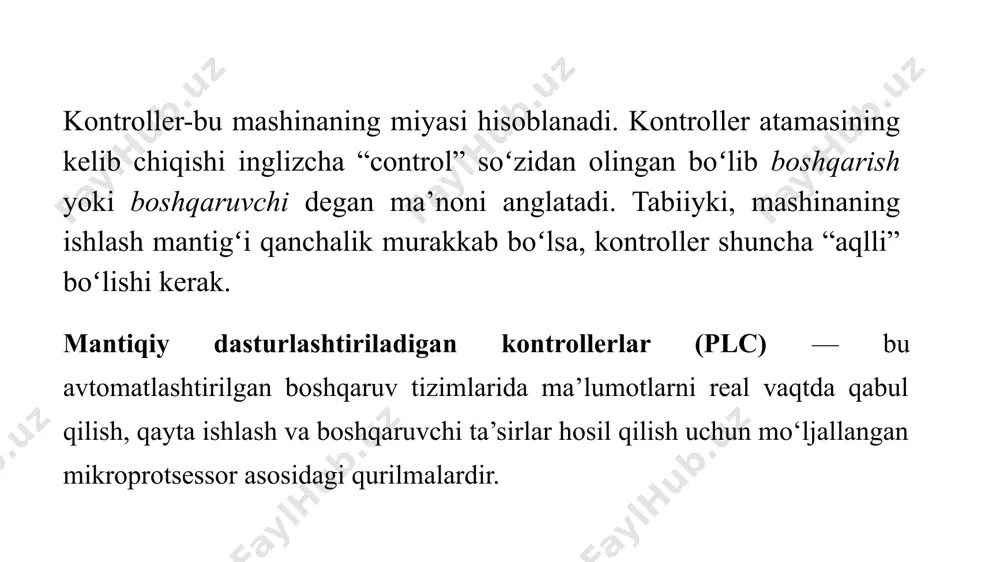 tadi. mdk ham huddi shu tarzda texnologik jarayon parametrlarini holatini datchikdan shu tarzda bilib oladi. bunday signalni ishlab chiqaradigan datchiklar qoʻlda boshqarish tugmalari, chegara kalitlari (eng. switchs), harakat sensorlari, kontaktli termometrlar va boshqalar hisoblanadi (2.1-rasm). zamonaviy mdk lar esa raqamli signaldan tashqari analog signallarni ham qabul qila olishi kerak bo’ladi. analog signallar kuchlanish yoki tok orqali ifodalanadi. mdklar quyidagi oraliqlarda signalni o‘qiy oladi: 0–10 v — eng keng tarqalgan kuchlanish signal. 0–20 ma yoki 4–20 ma — tokli signal, sanoatda keng qo‘llaniladi. 4–20 ma signallarning afzalligi — uzatilayotgan signal kabellarda uzoq masofaga borganida ham aniqlikni yo‘qotmaydi va uzilishlar tez aniqlanadi (0 ma = nosozlik deb qabul qilinadi). analog kirish-chiqish signallari mdk ning hajmini ifodalaydigan qism mdk ning kirish va chiqish modullaridagi portlar hisoblanadi. kirish va chiqish portlari qancha koʻp boʻlsa jarayonni boshqarish mumkin boʻlgan parametrlar soni shuncha koʻp boʻladi. turli oʻlchamdagi dasturlashtiriladigan mantiqiy kontrollerlarning umumiy kiritish-chiqarish sigʻimlari quyidagilarni oʻz ichiga …