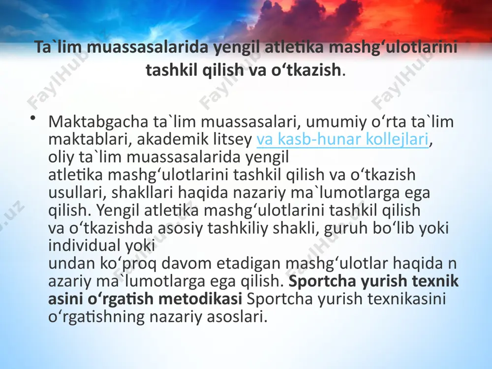 amlik ishi. yengil atletika bo‘yicha musobaqalarni tashkil qilish va o‘tkazishda sport turlari bo‘yicha talabnomalarning to‘ldirilishi musobaqa nizomi har bir sport turi bo‘yicha hakamlik qilish haqida nazariy ma`lumotlarga ega qilish. amaliy mashg‘ulotlarini tashkil etish bo‘yicha ko‘rsatma va tavsiyalar amaliy mashg‘ulotlarda talabalar turli-xil yengil atletika darsini tashkil qilish va o‘tkazishni o‘rganadilar. amaliy mashg‘ulotlarda tavsiya etiladigan mavzulari: sportcha yurish texnikasini o‘rgatish metodikasi sportcha yurish texnikasini katta ham, o‘smirlar ham o‘rganaverishlari mumkin. o‘rgatishning asosiy vazifasi sportcha to‘ri yurish texnikasini o‘rganish, turli xil siljish tezligida ortiqcha kuchanmay, bemalol yurishni o‘rgatishdir bunda tashqari, har qaysi shug‘ullanuvchi uchun optimal tezlik to‘g‘risidagi bilimlarini baholash. yugurish turlari texnikasini o‘rgatish metodikasi yugurishni bir qancha turlari mavjud bo‘lib bular quydagilardur. qisqa masofaga yugurish, o‘rta masofaga yugurish, o‘zoq masofaga yugurish, o‘ta o‘zoq masofaga yugurish, marafon yugurish, to‘siqlar osha yugurish, turlari bo‘yicha nazariy va amaliy bilimlarini baholash. musobaqa protokollari shu onda doskaga osilishi olzim, ma`lumotlar aniq va chiroyli yoziladi. stendlar "musobaqa natijalari". "chempionlar", …