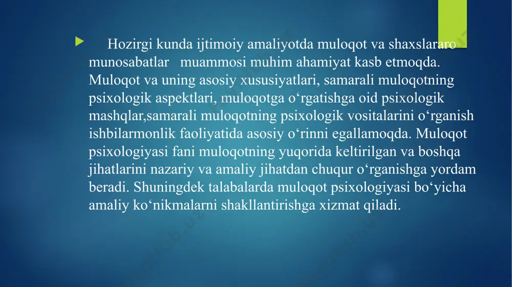 , g‘oyalar, fikrlar almashinuvi jarayoni sifatidagi vazifalari nazarda tutiladi. ma’lumki, aloqa vositasi sifatida nutqning asosan ikki turi farqlanadi: - og‘zaki nutq; - yozma nutq. og‘zaki nutqning o‘zi 2 turga bo‘linadi: 1) og‘zaki nutqning eng sodda turi - dialog, ya’ni allaqanday masalalarni birgalikda muhokama qilayotgan va hal etilayotgan hamsuxbatlar tomonidan olib boriladigan suxbat hisoblanadi. 2) og‘zaki nutqning ikkinchi bir turi - monolog nutq bo‘lib, uni bitta kishi boshqasiga yoki uni tinglayotgan ko‘plab kishilarga qarata gapiradi: bunga o‘qituvchining hikoyasi, o‘quvchining javobi, doklad va shu kabilar kiradi. og‘zaki nutqning o‘zi 2 turga bo‘linadi: diolog monolog muloqotning bosqichlari 1- odamning o‘z-o‘zi bilan muloqotidir. 2- o‘zgalar bilan muloqot muloqotning turli shakllari yoki bosqichlari mavjud bo‘lib, dastlabki bosqich - odamning o‘z-o‘zi bilan muloqotidir. odamning o‘z-o‘zi bilan muloqoti aslida uning boshqalar bilan muloqotining xarakterini va hajmini belgilaydi. agar odam o‘z-o‘zi bilan hadeb muloqot qilishni odat qilib olib, doimo jamiyatdan o‘zini chetga tortib, tortinib yursa, demak, u boshqalar …