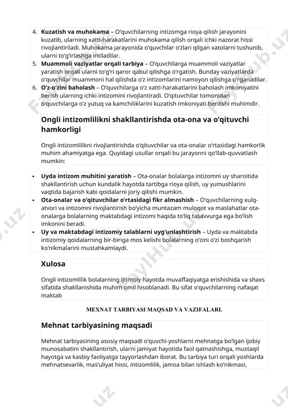 rni saqlash orqali bolada milliy o‘zlikni anglashni shakllantiradi. · muloqot madaniyati – ota-onalar va bolalar o‘rtasida samimiy va hurmatga asoslangan muloqotning mavjudligi bolaning ijtimoiy munosabatlarda ham to‘g‘ri tutishiga yordam beradi. · fikr va his-tuyg‘ularni tinglash – bolaning o‘z fikrini bildirishiga, his-tuyg‘ularini ifodalashiga imkon berish, unga hurmat ko‘rsatish orqali, unga o‘ziga nisbatan ishonch va hurmatni tarbiyalaydi. xulosa oila – bolaga dastlabki ma’naviy-axloqiy tarbiya beriladigan joy bo‘lib, oilaning to‘g‘ri yo‘l-yo‘riq ko‘rsatishi, ota-onalarning o‘rnak bo‘lishi, oilaviy q o‘quvchilarda ongli intizomlilikni tarbiyalash. o‘quvchilarda ongli intizomlilikni tarbiyalash o‘quvchilarda ongli intizomlilikni shakllantirish – ta’lim jarayonining muhim vazifalaridan biridir. ongli intizomlilik, o‘quvchilarning ichki nazorat va o‘zini boshqarish qobiliyatini rivojlantirishni nazarda tutadi. bu tarbiya o‘quvchilarda mas’uliyat, tartiblilik, vaqtni to‘g‘ri boshqarish va boshqa muhim xulq-atvor shakllarini mustahkamlaydi. ongli intizomlilikning asosiy maqsadi ongli intizomlilik tarbiyasi o‘quvchilarda: 1. o‘ziga va boshqalarga nisbatan hurmat hissi shakllanishi, 2. mas’uliyat va javobgarlik tuyg‘usi paydo bo‘lishi, 3. o‘zini boshqarish qobiliyati rivojlanishi, 4. ijtimoiy me’yorlarga rioya …