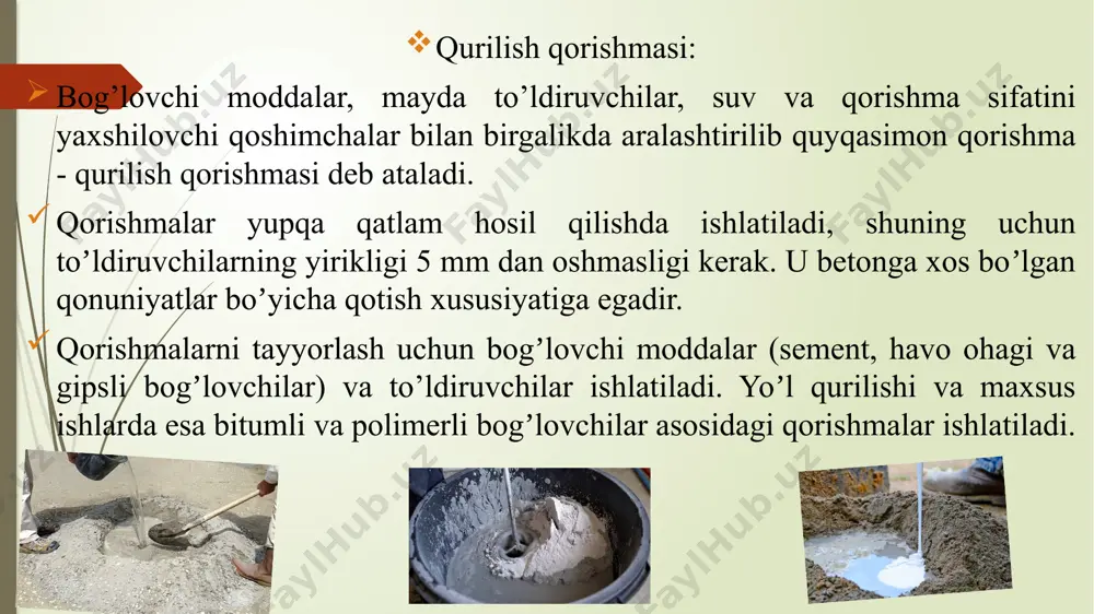 ‘ra tekislovchi va etakchi; uskuna texnologiyasiga ko‘ra, zichlovchi, o‘z – o‘zidan zichlovchi va suritma); ta’mirbop (yuzaki va in’eksion); himoyalovchi (ingibir, sanir, biotsid, olovga chidamli, korroziya himoyali, sovuqqa chidamli, radiatsion - himoyali); terma; montajli; bezakli; gidroizolyasion (yuzaki va ichki (in’eksionli, kapillyarli)); issiqlik – izolyasion; gruntovkali; qo‘llanilgan bog‘lovchiga ko‘ra, quruq qurilish qorishmalari quyidagilarga bo‘linadi; sementli; ohakli; gipsli; polimerli; murakkab. to‘ldiruvchi donalarining yirikligiga ko‘ra quyidagilarga bo‘linadi: betonli; qorishmali; dispersli. qorishmalarning xossalari qulay yoyiluvchanligi qotish vaqti quyuqlik darajasi mustahkamligi sovuqbardoshligi zichligi qurilish ishlarining umumiy hajmida pardozlash eng sermehnat ish bo‘lib, jami mehnat sarfining 20-25 % ini, shu jumladan bo‘yoqchilik va gulqog‘oz yopishtirish ishlari 10% dan ko‘prog‘ini tashkil etadi. mazkur ishlarning sermehnatliligini kamaytirish qurilishni industrlashtirish imkoniyatini beradi. industrlashning o‘ziga xos xususiyati shundan iboratki, bunda zavodda to‘liq tayyorlangan yig‘ma konstruksiyalar (devorbop va pardevorbop buyumlar, qavatlararo yopma plitalar, zina marshlari) dan foydalaniladi. yangi turdagi pardozlash materiallaridan–gipskarton, qoplama plastiklardan foydalanilganda ham mehnat sarfi ancha kamayadi. o'zbekiston respublikasida mavjud …