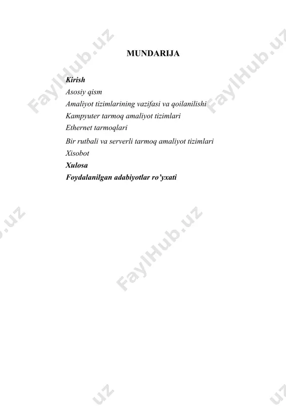 aydi, bu yangi, takomillashgan ishlov berish ish tartiblarining paydo bo’lishi- ga foydalanuvchi va kompyuter orasida interfeysning rivojlanishiga, ma’lumot- larga ishlov berish samaradorligining oshishiga sabab bo’lidi. amaliyot tizimlari- ningrivojlanishida muhim bosqich bolib. uning amaliyot tizimini yaratilishi bo’ldi. uning uchun dasturiy kod yuqor darajadagi s tilda yoziladi. bu amaliyot tizimning turli turdagi kompyuterlarga oson o’tkazish imkoniyatini berdi va yaxshi funksi- onal imkomyatlariga ega bo’lgan ixcham tizim shakliga keldi. barcha keyingi sun os, hp-ux, aix, qnx va boshqa ko’plab amaliyot tizimlar uning versiyalari bo’ldi. firma-ishlab chiqaruvchilar uning xossalarini o’z apparatlari uchun mos- lashtirdilar. shaxsiy kompyuterlaming paydo boiishi va mahalliy tarmoqlaming yaratilishi bilan amaliyot tizim tomonidan tarmoq vazifalarini qo’llab-quwatlash zarurati tugildi. 80-yillarda ishlagan ko’plab mashinalarda ms doc amaliyot tiz- imi faqat fayllarnii boshqarish va navbatma-navbat dasturlarni ishiga tushirishga qodir bo’lgan. keyingi amaliyot tizimlarda foydalanuvchiga qulay bo’lgan grafik interfeys, ishlov berishning ko’p foydalanuvchili ish tartibi, sichqoncha yordamida ishlov berishni boshqarish imkoniyatlari paydo bo’ldi. amaliyot tizimlaming …