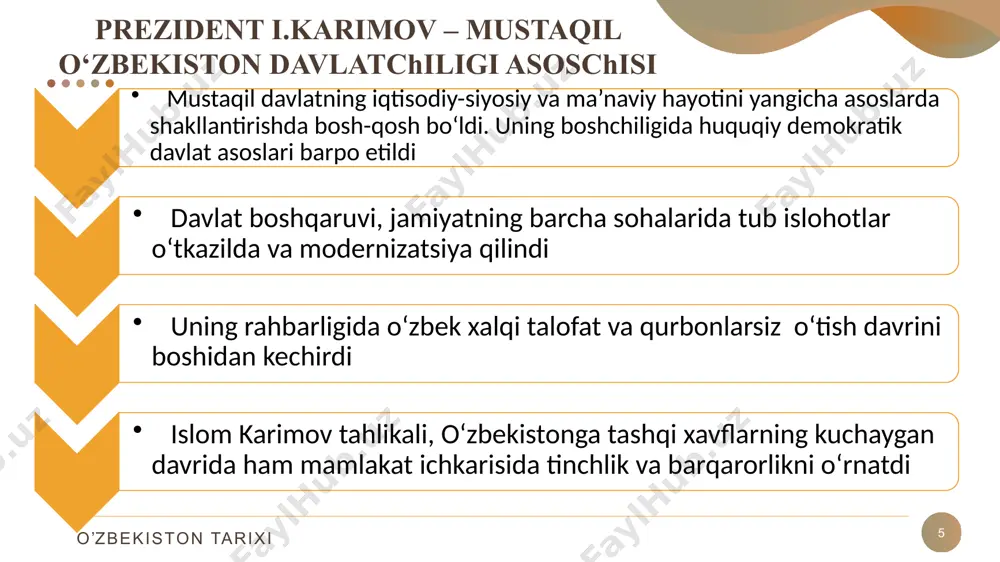 ʻi bilan mukofotlaydi, oʻzbekiston respublikasining malakaviy va faxriy unvonlarini beradi; oʻzbekiston respublikasining fuqaroligiga va siyosiy boshpana berishga oid masalalarni hal etadi; amnistiya toʻgʻrisidagi hujjatlarni qabul qilish haqida oʻzbekiston respublikasi oliy majlisining senatiga taqdimnoma kiritadi va oʻzbekiston respublikasining sudlari tomonidan hukm qilingan shaxslarni afv etadi; milliy xavfsizlik xizmati raisini tayinlaydi va lavozimidan ozod etadi, keyinchalik shu masalalarga doir farmonlarni oʻzbekiston respublikasi oliy majlisining senati tasdigʻiga kiritadi; - ushbu konstitutsiya va oʻzbekiston respublikasining qonunlarida nazarda tutilgan boshqa vakolatlarni amalga oshiradi. prezident oʻz vakolatlarini bajarishni davlat idoralariga yoki mansabdor shaxslarga topshirishga haqli emas. o’zbekiston tarixi *o’zbekiston respublikasi parlamenti —oliy majlisningtashkil etilishi 16 1990-1994 yillarda mamlakatimizda 150 deputatdan iborat oliy kengash faoliyat olib boradi 1993-yil28-dekabida bo’lib o’tgan respublika oliy kengashining xiv-sessiyasida „o’zbekiston respublikasi oliy majlisiga saylovlar to’g’risida“ qonun qabul qilingan. 1994-yil 22-sentabrda bo’lib o’tgan xvi sessiyada „o’zbekiston respublikasi oliy majlisi to’g’risida" qonunlar qabul qilindi. 1995 yil oliy kengash oliy majlisga aylantirildi va u 250 …