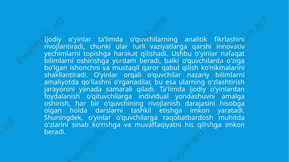 im etadi. yutuqlarga erishish va yangi darajalarga ko'tarilish, o'quvchilarda o'zini sinab ko'rishga va yutuqlarga erishishga bo'lgan ishtiyoqni oshiradi. ball tizimlari, vaqt sinovlari va mukofotlar o'yinni qiziqarli qilib, o'quvchilarda raqobatbardosh ruhni rivojlantiradi. bu, o'z navbatida, ularni darslarga ko'proq qiziqtiradi va o'zlarini doimiy ravishda yaxshilashga undaydi. shuningdek, o'yinlarda o'quvchilarning xatolaridan o'rganish imkoniyati mavjud. o'yinda muvaffaqiyatsiz bo'lgan holatlarda, o'quvchilar xatolarini tahlil qilib, yangi strategiyalar ishlab chiqishadi. bu jarayon ularda sabr-toqat va o'zini rivojlantirishning ahamiyatini oshiradi. shu tarzda, ijodiy o'yinlar o'quvchilarga interaktivlik va motivatsiyani bir vaqtning o'zida taqdim etadi, bu esa ularning ta'limga bo'lgan qiziqishlarini va ishtiyoqini oshiradi. etiboringiz uchun rahmat! image2.jpeg image3.jpeg image4.jpeg /docprops/thumbnail.jpeg