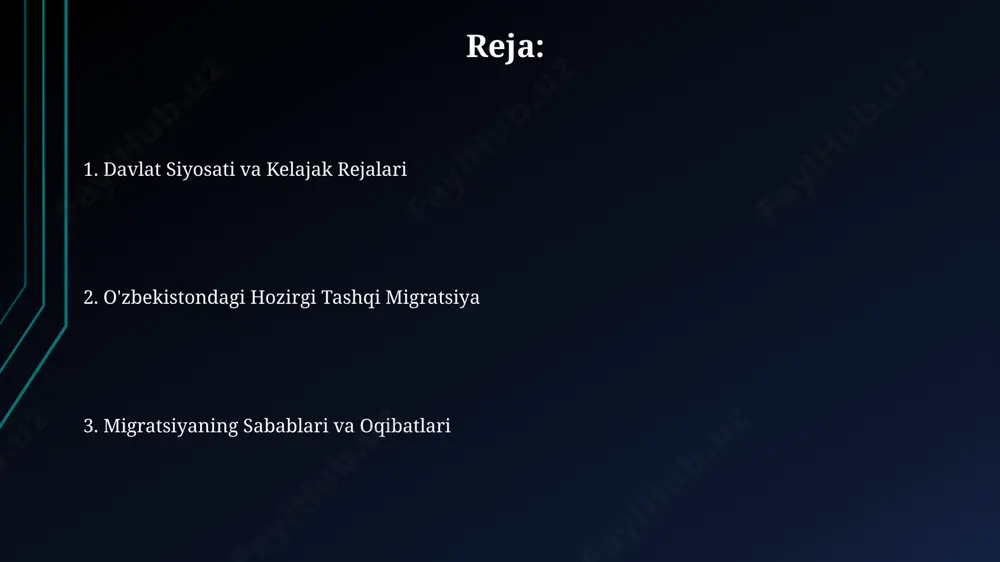 o'zbekiston fuqarolarining rossiya federatsiyasiga mehnat migratsiyasi 2023 yilda 2 millionga yaqin odamni tashkil etdi, bu esa pul o'tkazmalari hajmining sezilarli darajada o'sishiga olib keldi. janubiy koreya va turkiya kabi davlatlar o'zbekistonlik mutaxassislar, ayniqsa it sohasidagi mutaxassislar uchun tobora jozibador bo'lib bormoqda, bu esa malakali migratsiyaning o'sishini ko'rsatadi. migratsiya oqimlarining yo'nalishlari rossiya federatsiyasi, qozogʻiston va janubiy koreya uzbekiston fuqarolarining asosiy migratsiya yo'nalishlarini tashkil etadi, 2023 yil ma'lumotlariga ko'ra, rossiyaga 1,5 millionga yaqin kishi ko'chib o'tgan. turkiya va evropa ittifoqi mamlakatlari, ayniqsa, malakali mutaxassislar va olimlar uchun tobora ommalashib borayotgan muqobil migratsiya yo'nalishlaridir, 2022 yilda bu yo'nalishlarga 50 mingdan ortiq odam ko'chib o'tgan. mehnat migratsiyasi va uning ta'siri тошкент ва самарқанд каби йирик шаҳарларда меҳнат миграцияси оқибатида ишчи кучи тақчиллиги ва иш ҳақининг ошиши кузатилмоқда. 2022 йилда россияга мигрантларнинг 40% дан ортиғи ўзбекистондан бўлиб, бу пул ўтказмалари орқали ўзбекистон иқтисодиётига катта ҳисса қўшган. qonunchilik va tartibga solish o‘zbekiston respublikasining "fuqarolik to‘g‘risida"gi qonunining …