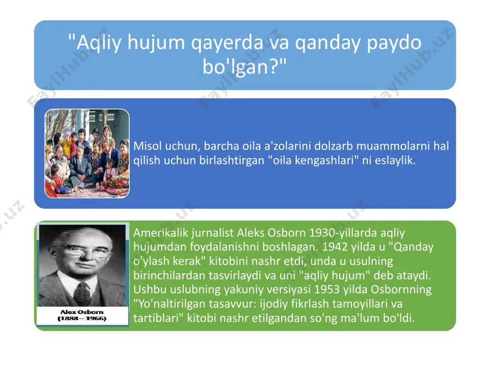 . 38-52 b. https://uz.wikijaa.ru/wiki/brainstorming e’tiborlaringiz uchun rahmat!!! 3-mavzu. �fikrlarni yaratish: �“aqliy hujum” metodi слайд номер 2 слайд номер 3 слайд номер 4 слайд номер 5 слайд номер 6 «aqliy xujum» metodining bosqichlari: слайд номер 8 “biz qanday hal qilishimiz mumkin?” слайд номер 10 “biz qanday hal qilishimiz mumkin?” слайд номер 12 слайд номер 13 abc aqliy hujumi �(abc brainstorming) elektron aqliy hujum (electronic brainstorming) miya yozuvi �(brainwriting) bo’sh daftar usuli �(blank notebook method) слайд номер 18 слайд номер 19 слайд номер 20