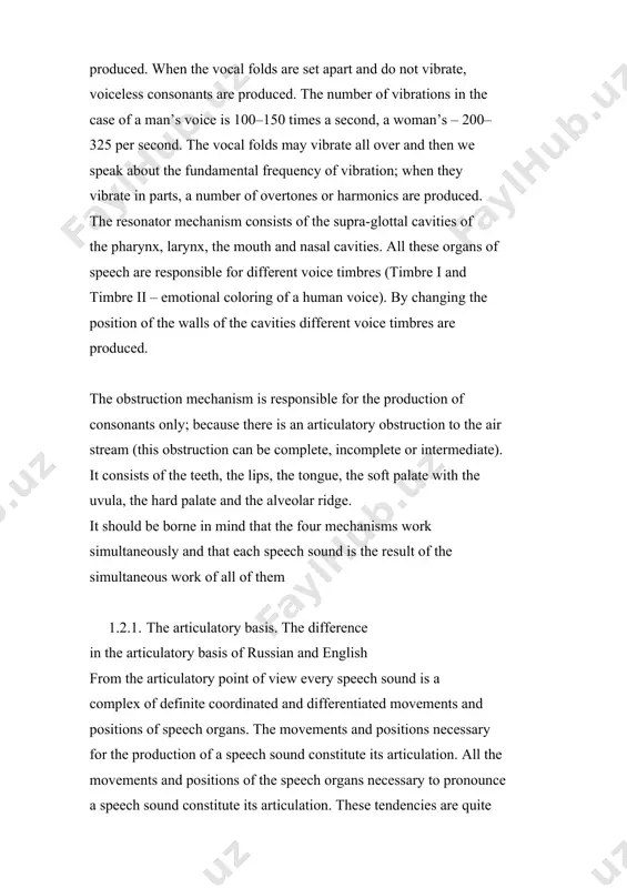no pharyngal sounds in russian but in the articulation of the english [h] sound the pharynx is the active organ of speech. typical mistakes of russian learners in producing english consonants: 1. russian learners of english often replace english consonants by russian consonants. 2. russian learners usually palatalize english consonants 3. learners shouldn’t devoice final consonants 4. learners shouldn’t also voice final consonants. 5. in case of sound [w] russian learners usually produce sound [v]. 6. in case of sound [v], when it is in the final position it shouldn’t be followed by sound [ԥ]. vowels in the english language the tongue occupies 5 horizontal positions: front, front-retracted, central, back and back-advanced. and 6 vertical positions (high (close), low (open) or mid-high (mid-open) and mid-low). while in russian lips are considerably rounded and protruded while in english there are only a few rounded sounds and protrusion is not characteristic at …